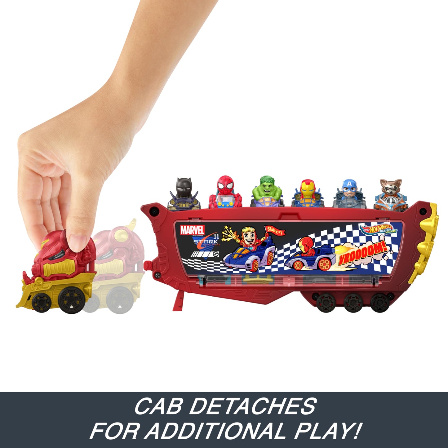 Hot Wheels RacerVerse Marvel Hulkbuster Hauler, Transport & Store Up to 10 Toy Vehicles, Detachable Cab with Flip-Up Helmet & Non-Removable Figure