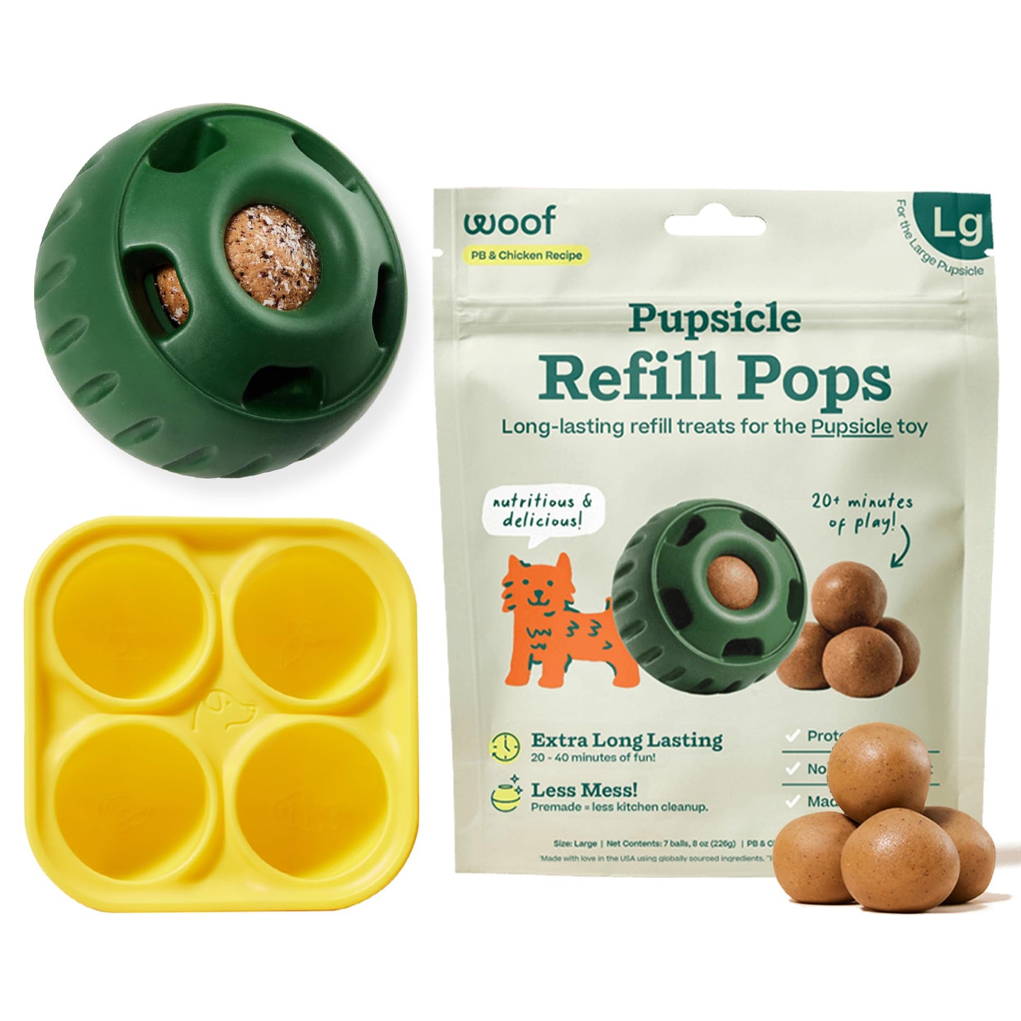 WOOF Starter Pack – Interactive Dog Toys, Silicone Treat Molds, Chicken-Flavored Healthy Treats, Pupsicle Enrichment Toy for Large Dogs (25–75 lbs)