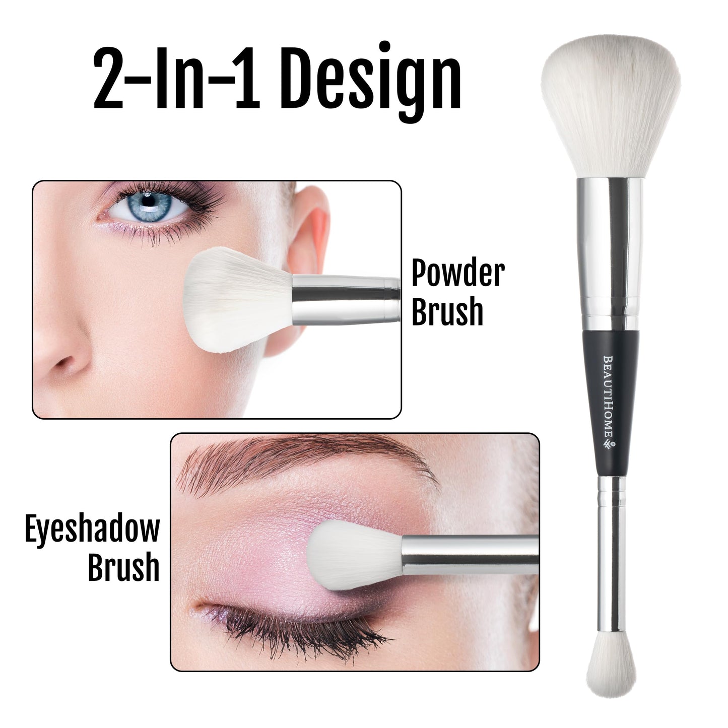 BeautiHome Makeup Brush -2-in1 Eye Blending & Powder Brush - Double-Ended Make Up Applicator Tool for Eyeshadow - vegan, white