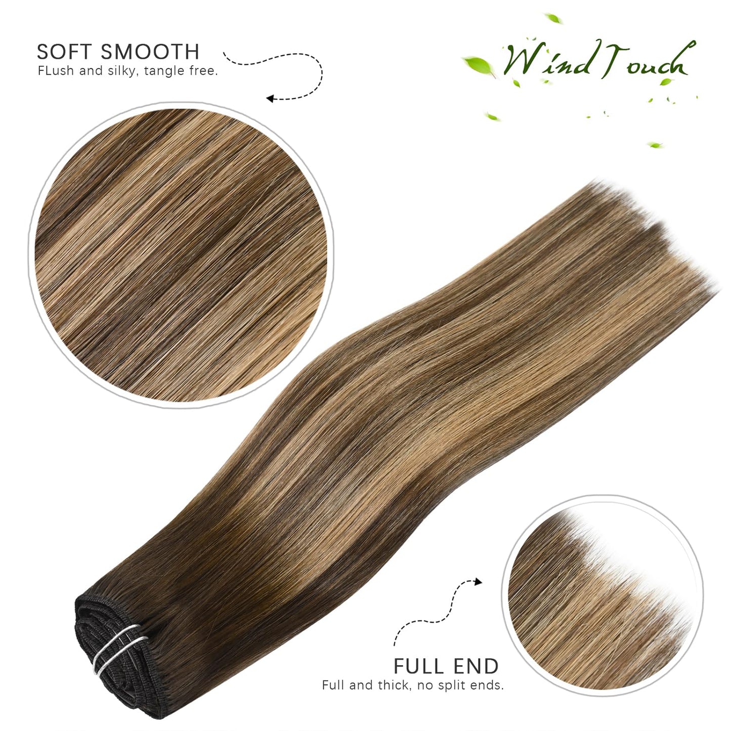 WindTouch Clip in Hair Extensions Remy Hair Chocolate Brown To Dark Blonde Ombre 20Inch 75g Human Clip Ins #4T27P4 7PCS