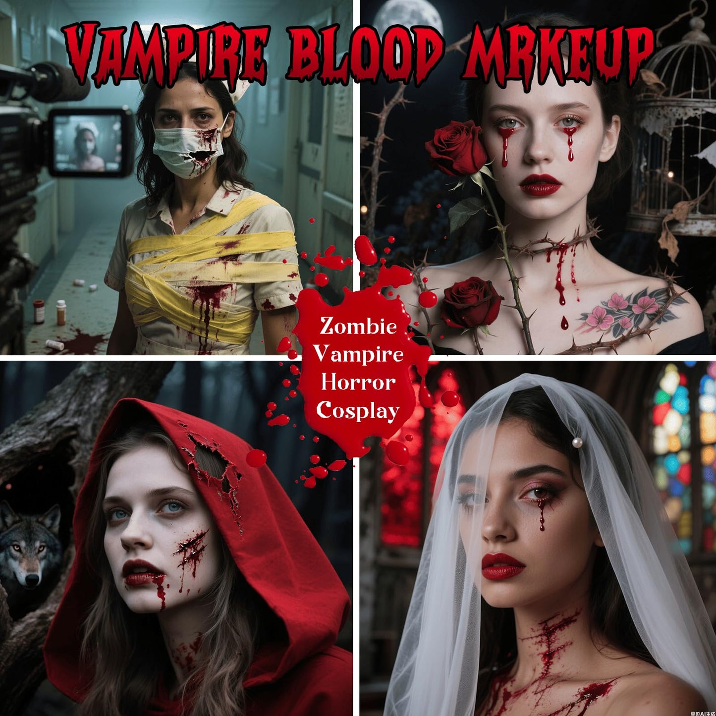 Vampire Blood Fake Blood Kit - Coagulated Gel, Spray & Dripping Liquid for Realistic Vampire Zombie SFX Makeup, Skin-Safe Washable Special Effects