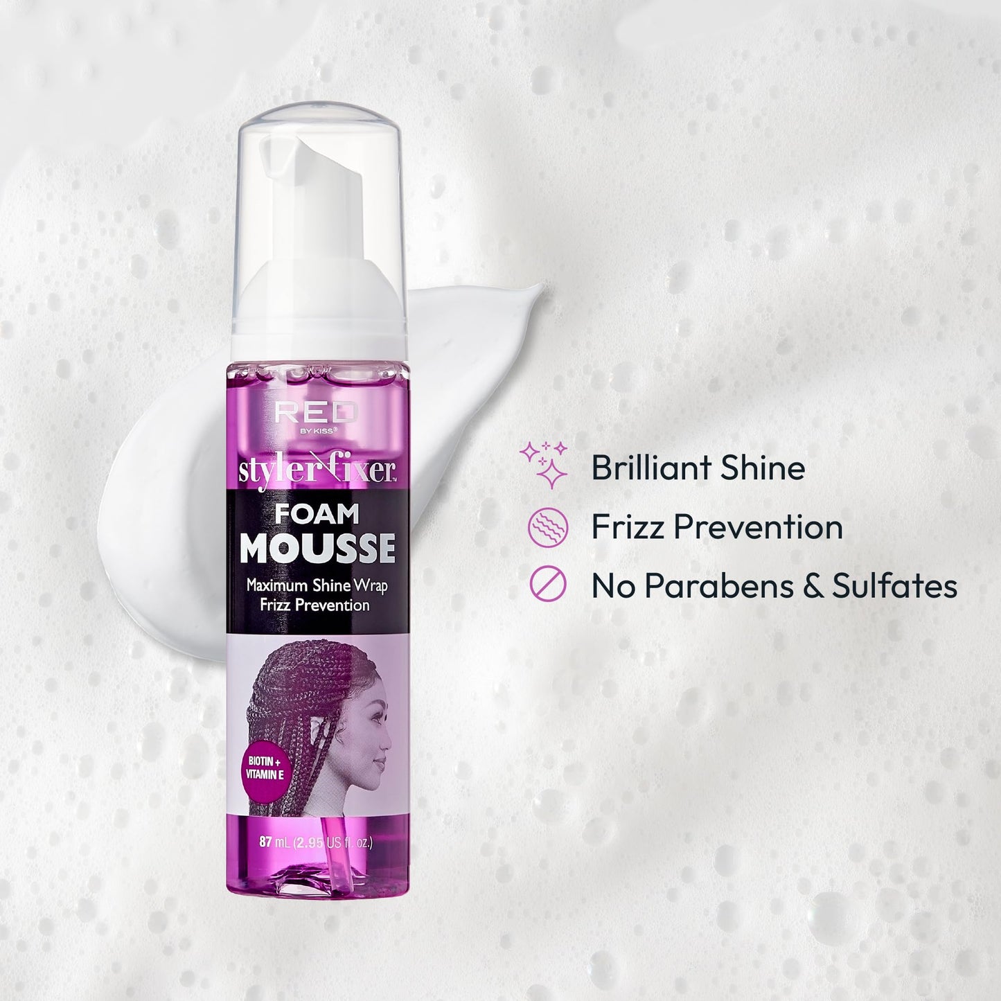 Red by Kiss Foaming Mini Travel Size Mousse, Maximum Shine Wrap Mousse, Reduce & Prevent Frizz, Define Curls, Hold Styles, Nourishes Dry & Crips Hair