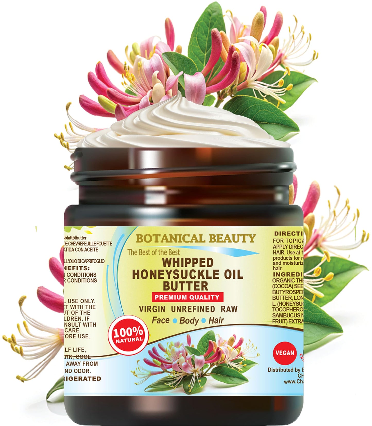 Botanical Beauty Whipped HONEYSUCKLE OIL BUTTER 100% Natural Pure RAW. Cocoa Butter, Shea Nut Butter, Honeysuckle Essential Oil Virgin Unrefined Cold