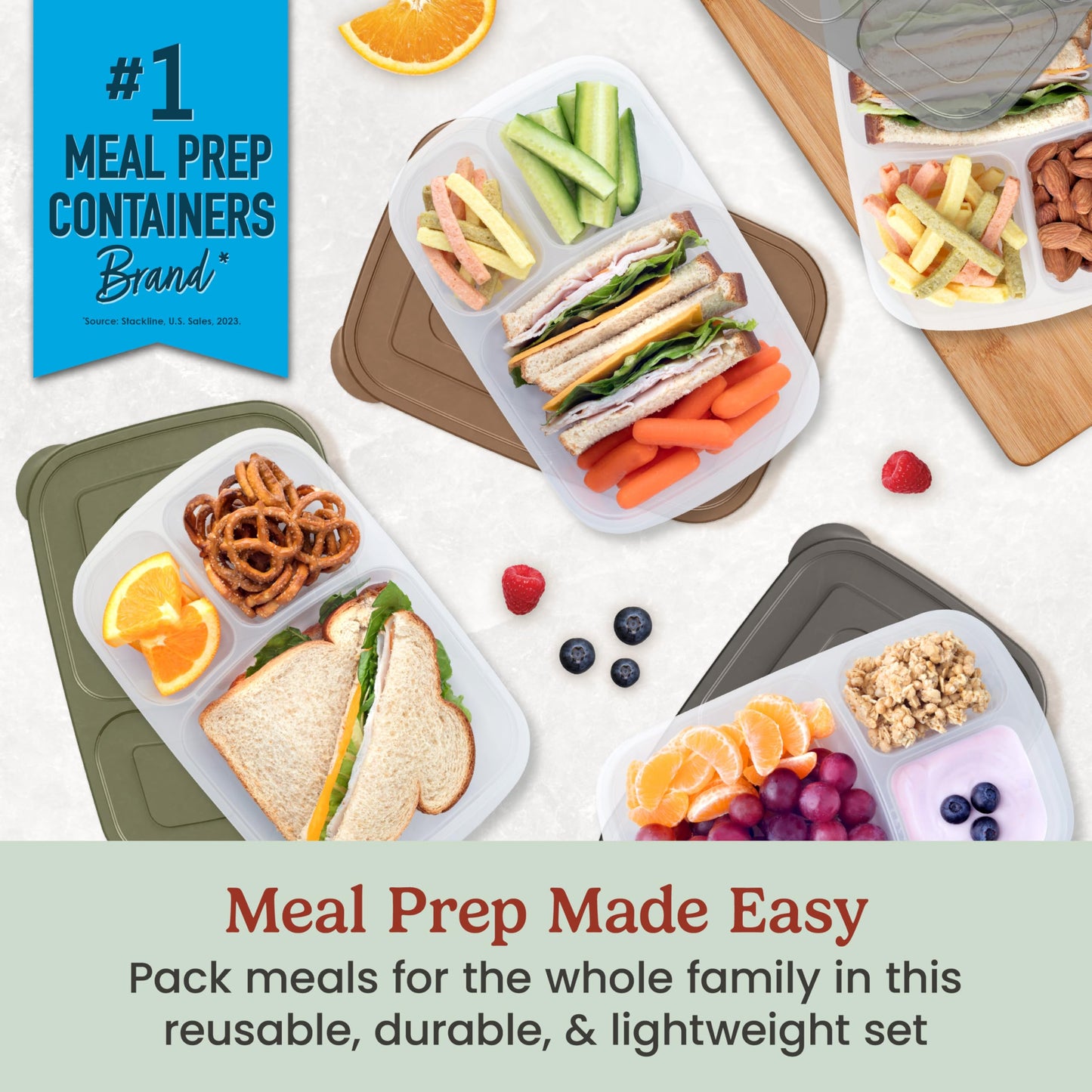 Bentgo Easyboxes - Original Stackable Lunch Boxes - Reusable 3-Compartment Food Containers for Kids and Adults - Bento Lunch Box for Meal Prep…