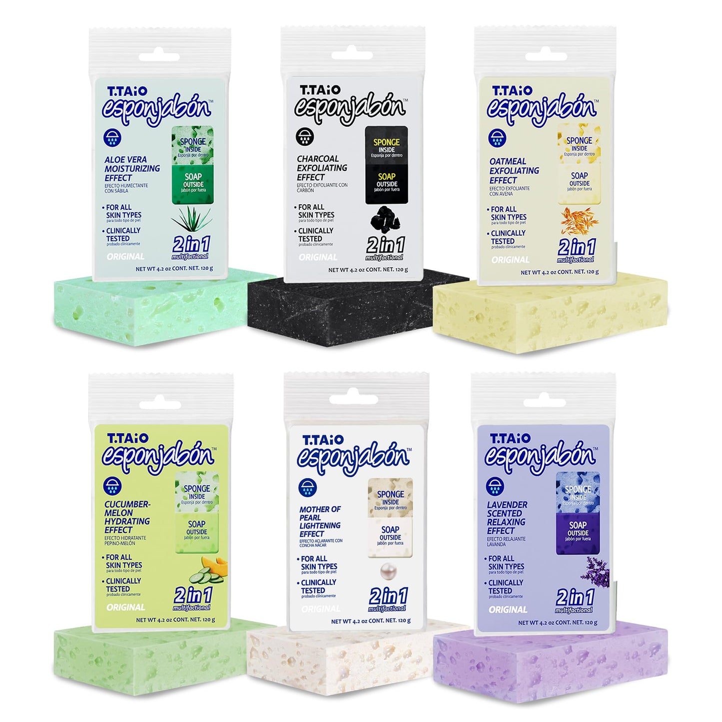 T.Taio Esponjabon Soap Sponge Variety Pack - Shower Scrubber & Bath Wash Scrub - Massage Face - Bathroom Accessories - Mother of Pearl, Aloe Vera