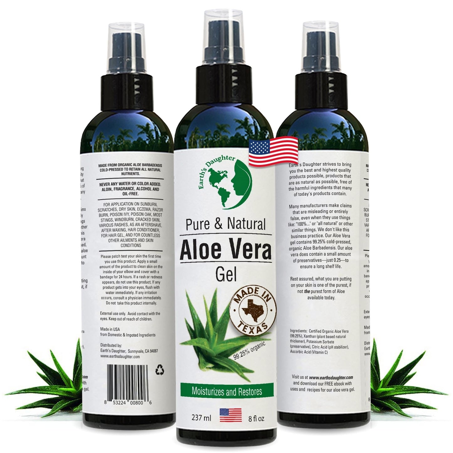 Earth’s Daughter Organic Aloe Vera Gel from Fresh Cut 100% Pure Organic Aloe leaves - Fast Absorbing for Face, Skin, Hair & Body - Vegan, Unscented