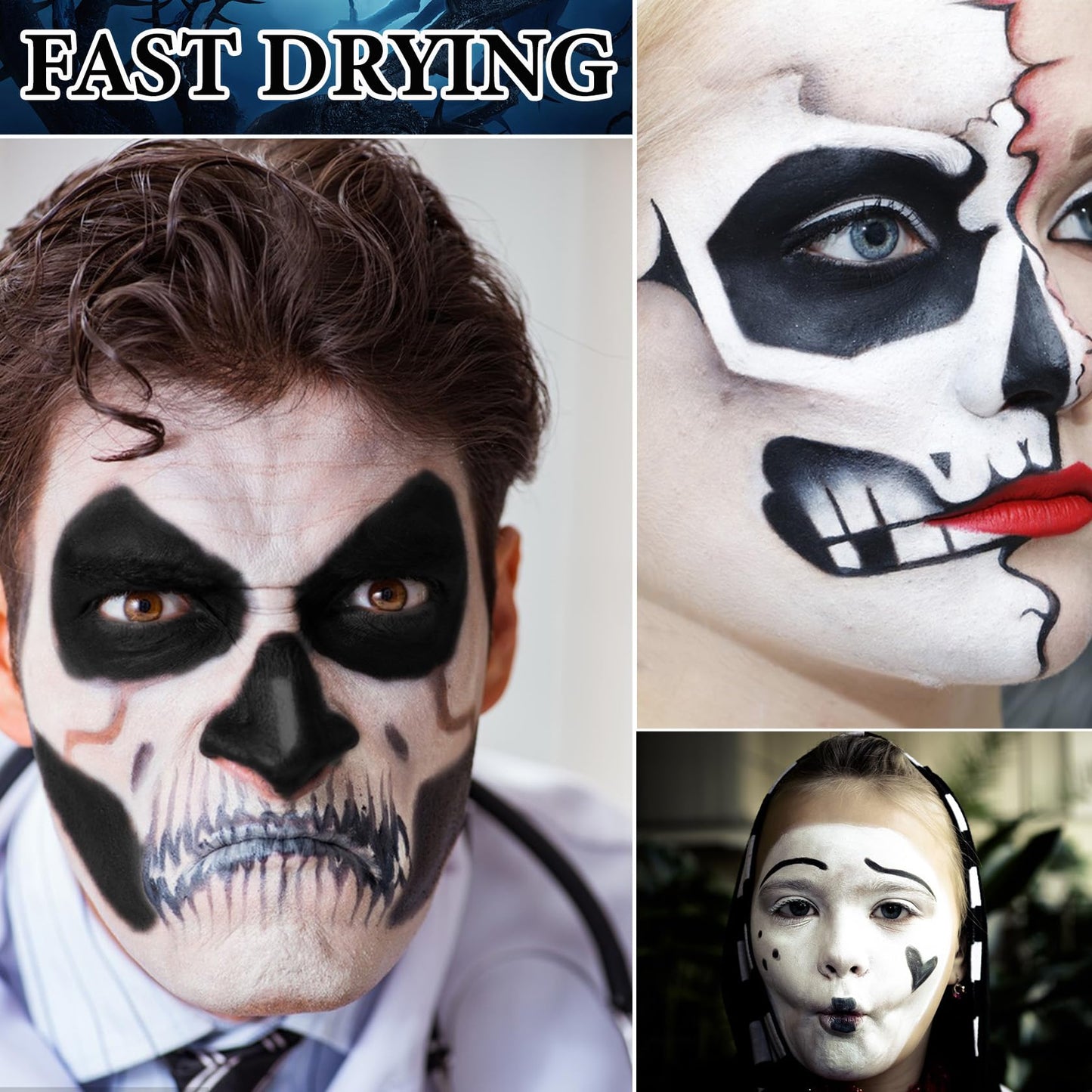 WENJLYJ 2 PCS Black White Cream Face & Body Paint Set, Halloween SFX Makeup Kit, Professional Face Painting Kit for Zombie Skeleton Cosplay Clown