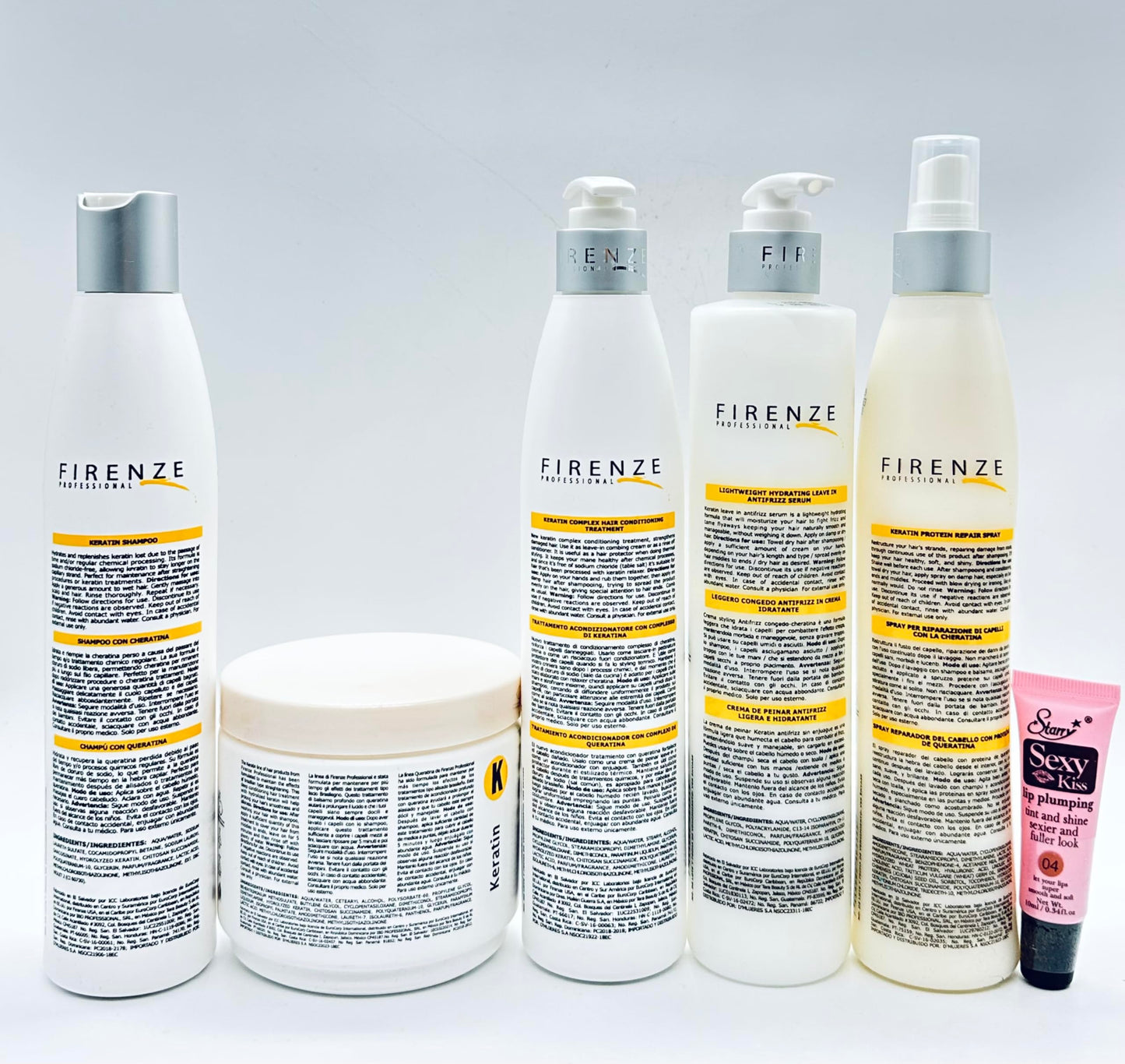 Firenze Professional Keratin Kit: Shampoo 10.1fl oz, Mask 13.5 Fl oz, Intense Conditioning complex 10.1 Fl oz, Anti-Frizz Serum 10.14 fl oz & Protein