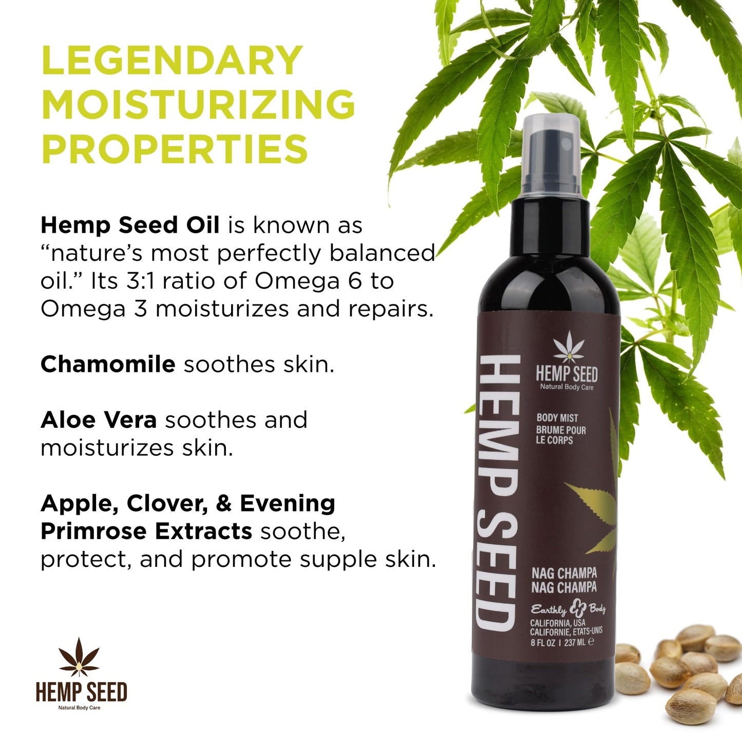 Hemp Seed Body Mist, Nag Champa - 8 fl oz - Moisturizes, Invigorates & Protects Skin - With Hemp Seed Oil, Chamomile & Aloe Vera - Vegan, Cruelty Free