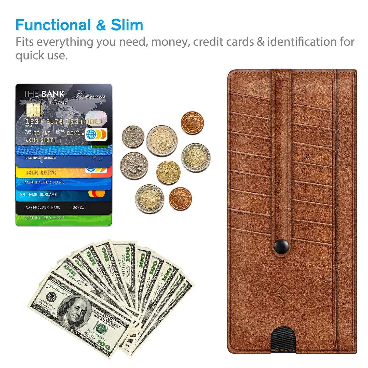 Fintie Slim Credit Card Wallet Holder Change Pouch, RFID Blocking Business Cards Cases with Zipper Pocket for Cash, Coin, Receipt, Brown