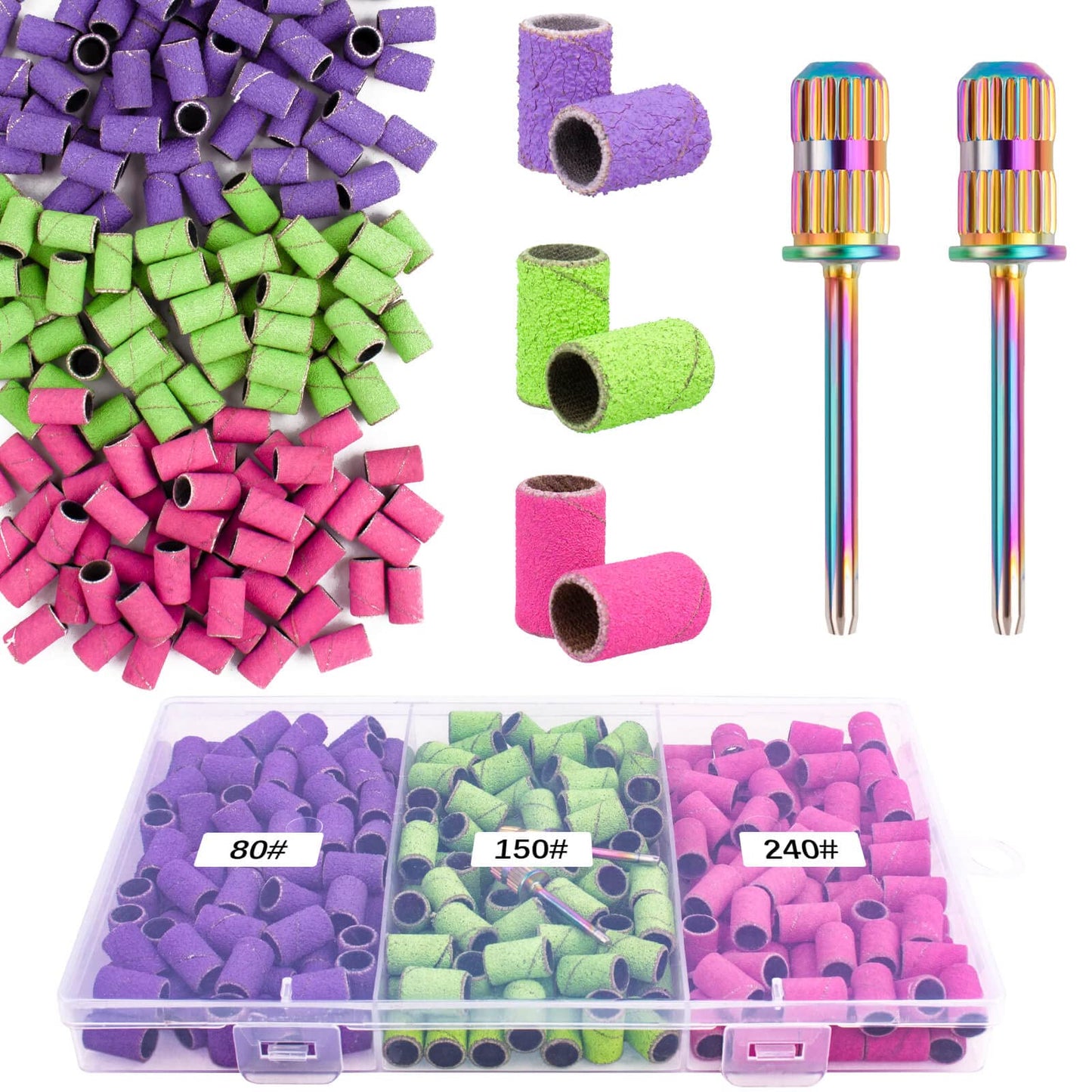 Rolybag Sanding Bands for Nail Drill Sanding Bands#80#150#240 Grits 210Pcs Color Coarse Fine Nail Sanding Bands 2Pcs Nail Drill Bits 3/32" Mandrel