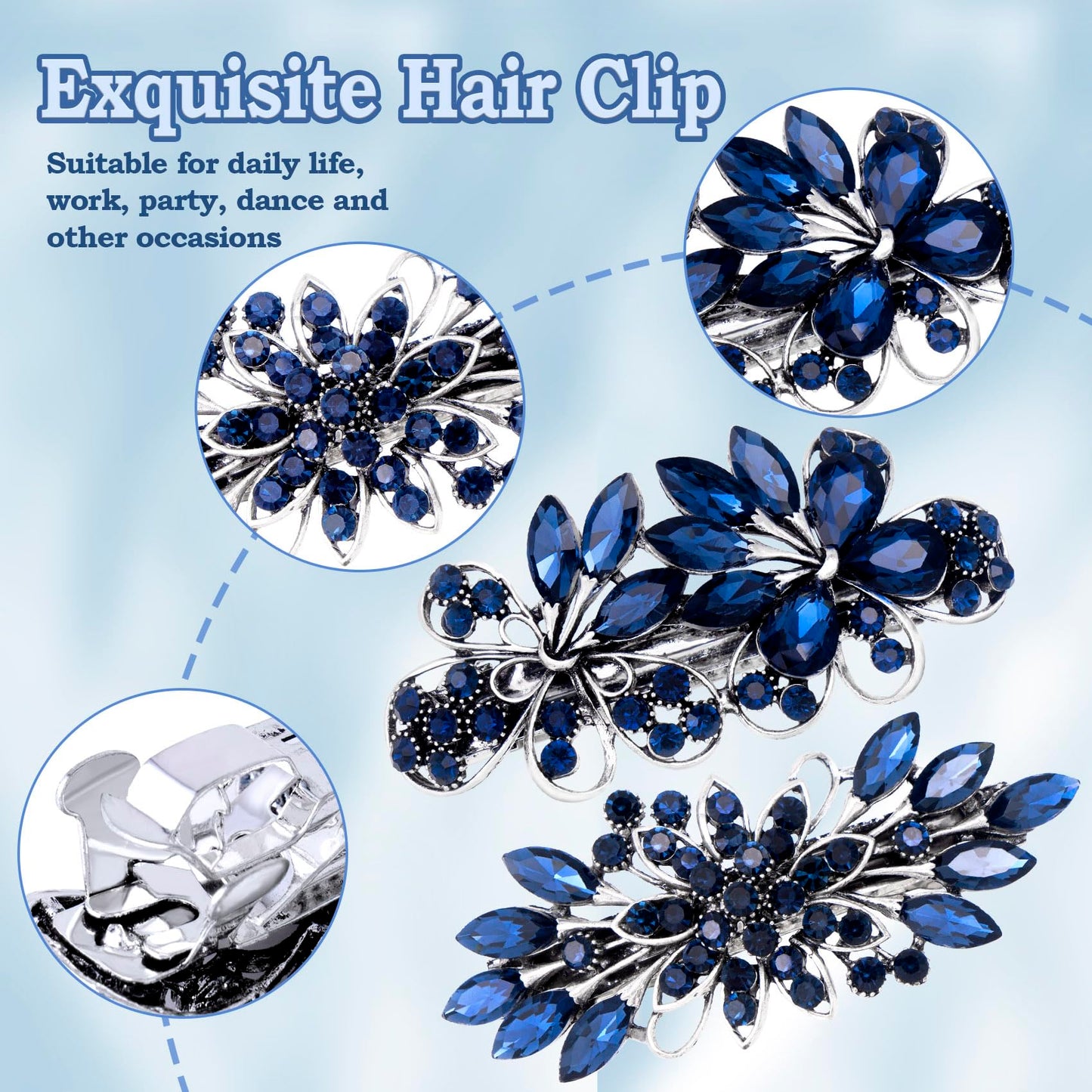 CustomyLife 2pcs 3.35inch Vintage Crystal Hair Barrettes, Sapphire Blue Bun Updo Hair Clips, Sparkly Rhinestone French Wedding Prom Formal Hair