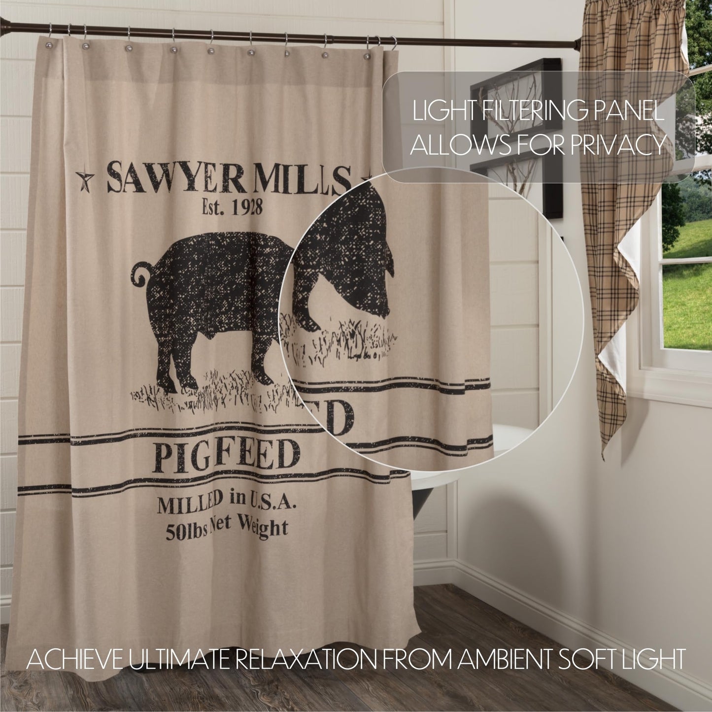 VHC Brands Sawyer Mill Pig Shower Curtain, Black, 72x72
