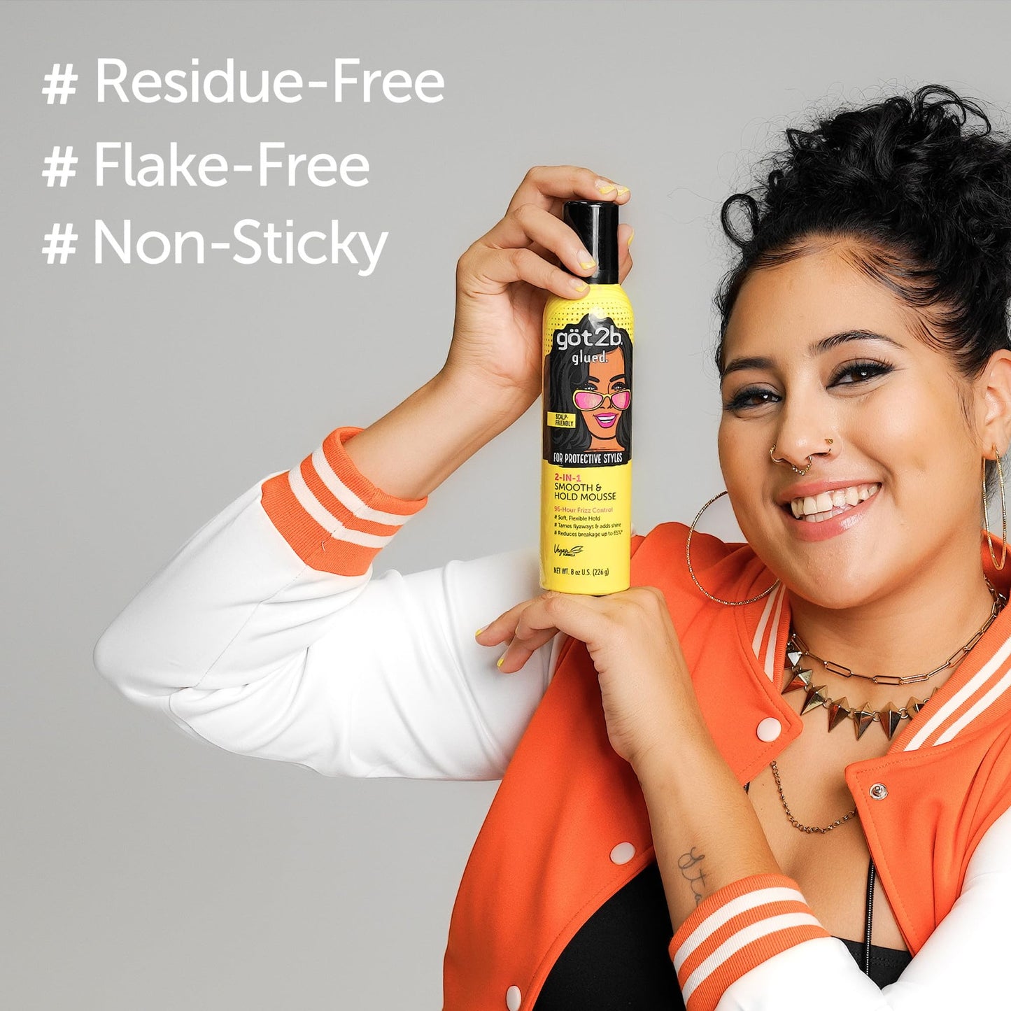 Got2b Glued 2-in-1 Smooth & Hold Hair Mousse, 8 Fl Oz, 96 Hour Frizz Control & Soft Flexible Hold for Wigs, Braids and Curls, No Stickiness