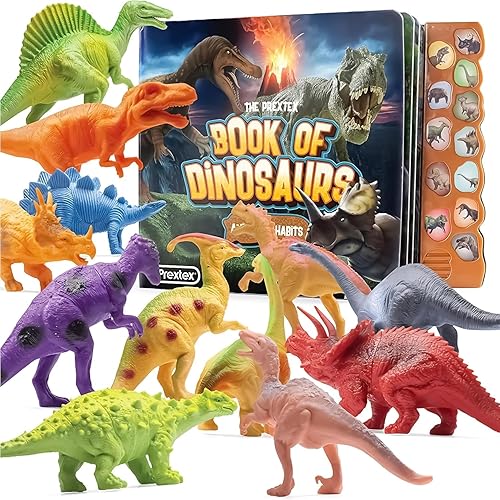 PREXTEX Dinosaur Toys for Kids 3-5 - 12 Dinosaur Figurines and Dino Book for Kids with Sound - Realistic Toy Dinosaurs Figures - Dino Toys with Sound…