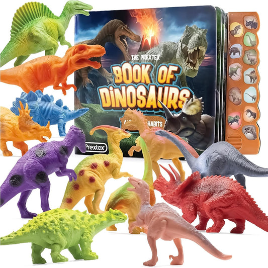 PREXTEX Dinosaur Toys for Kids 3-5 - 12 Dinosaur Figurines and Dino Book for Kids with Sound - Realistic Toy Dinosaurs Figures - Dino Toys with Sound…
