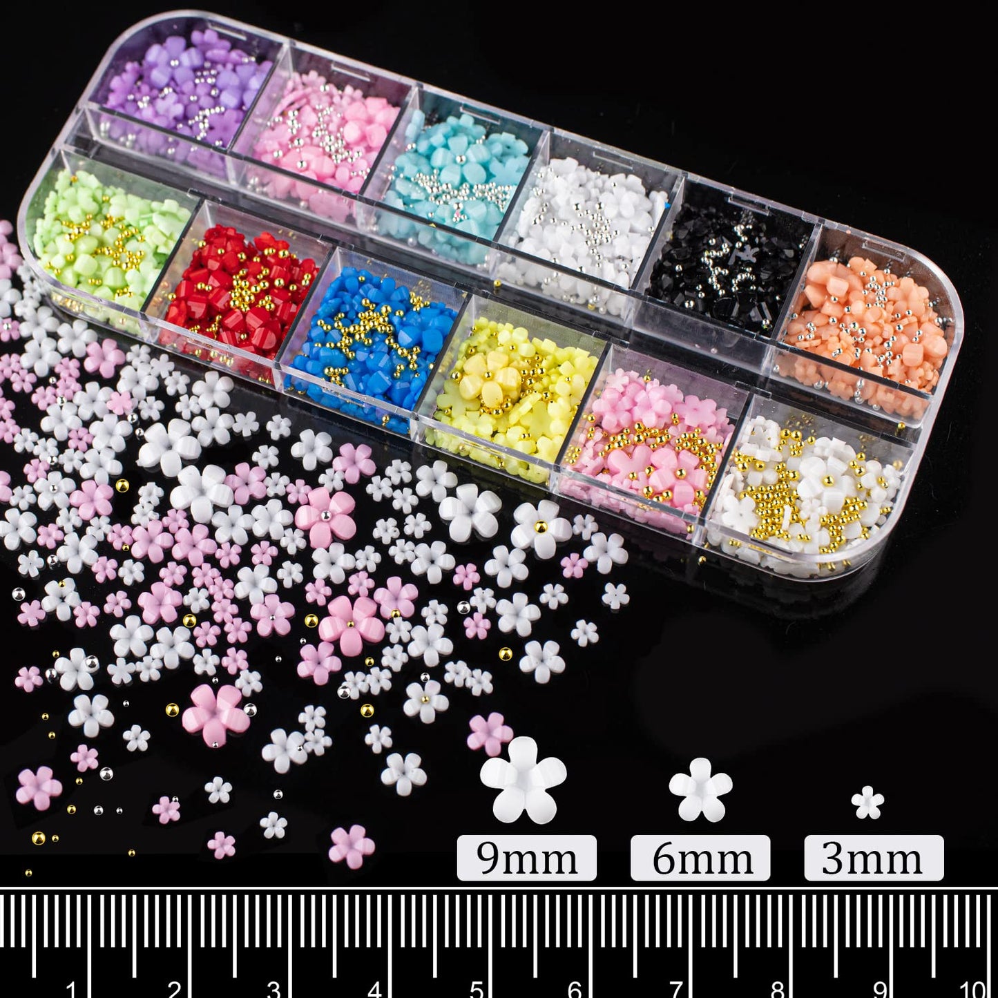 3D Flowers for Nails Art Colorful Charms Kit #2 with Caviar Beads, Blossom Rhinestones Crystal Pearls Acrylic Studs DIY Design Manicure Accessories