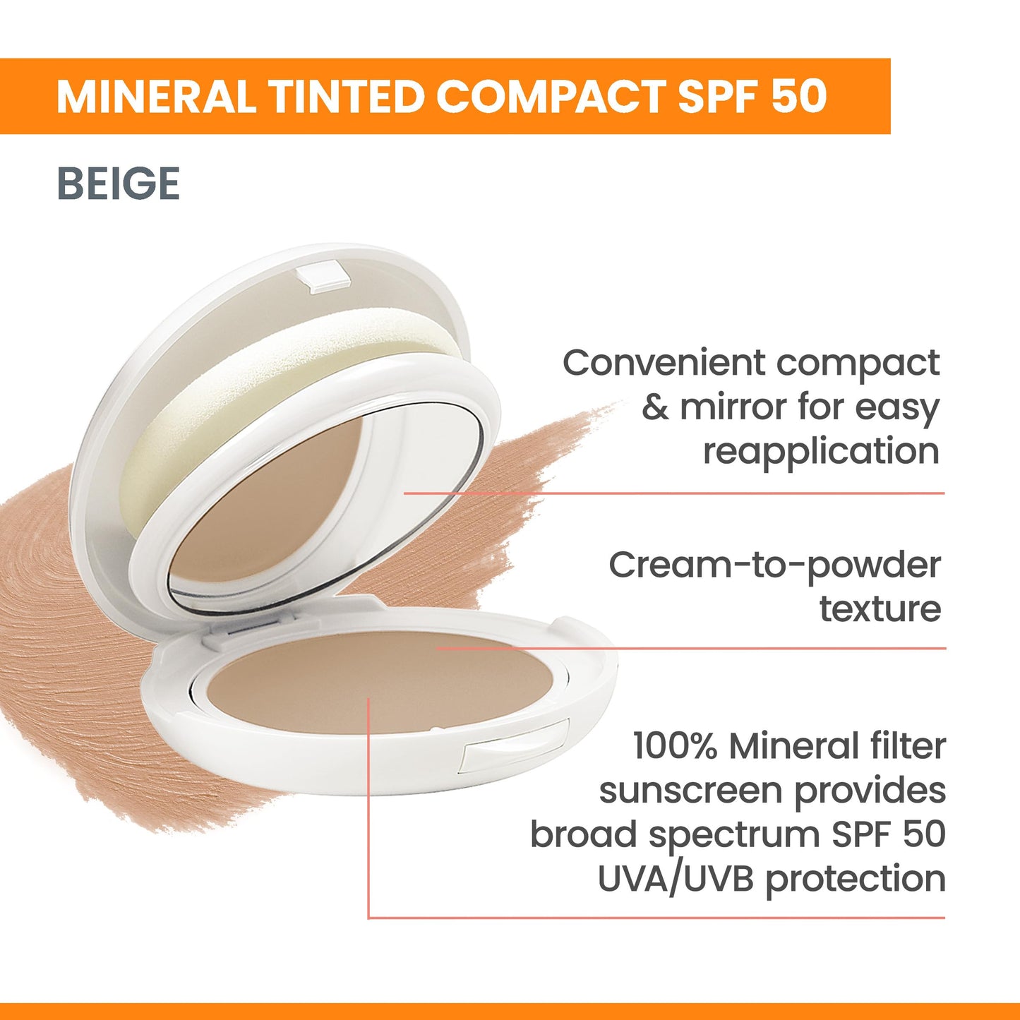 Avène High Protection Beige Tinted Compact, Broad Spectrum SPF 50+, UVA/UVB Blue Light Protection, Tinted sunscreen, 100% Mineral, Water Resistant