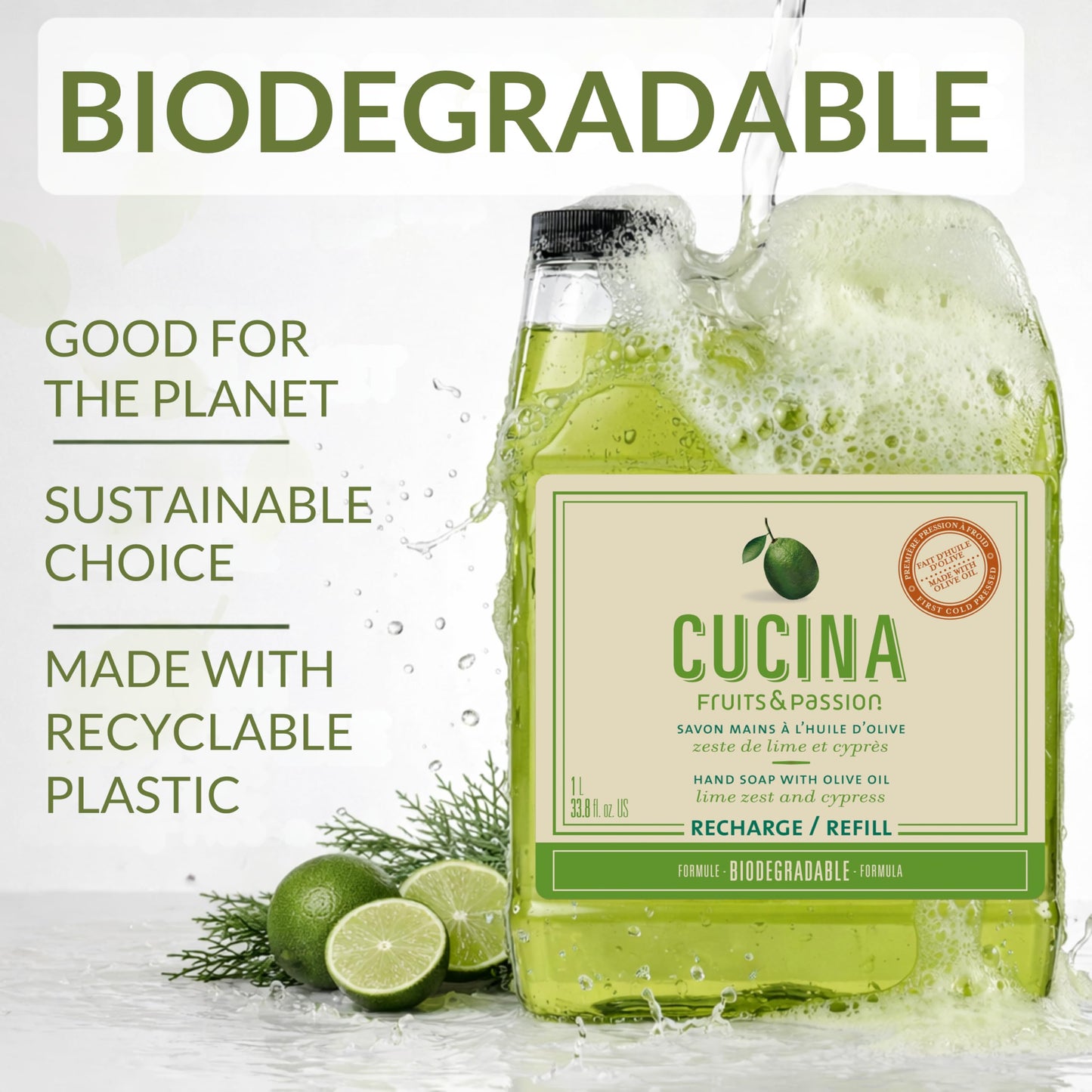 Cucina Fruits & Passion Lime Zest & Cypress Kitchen Hand Soap Refill, 1L Each - 2 Pack | Biodegradable, Cold-Pressed Olive Oil, Vegan, Made in Canada