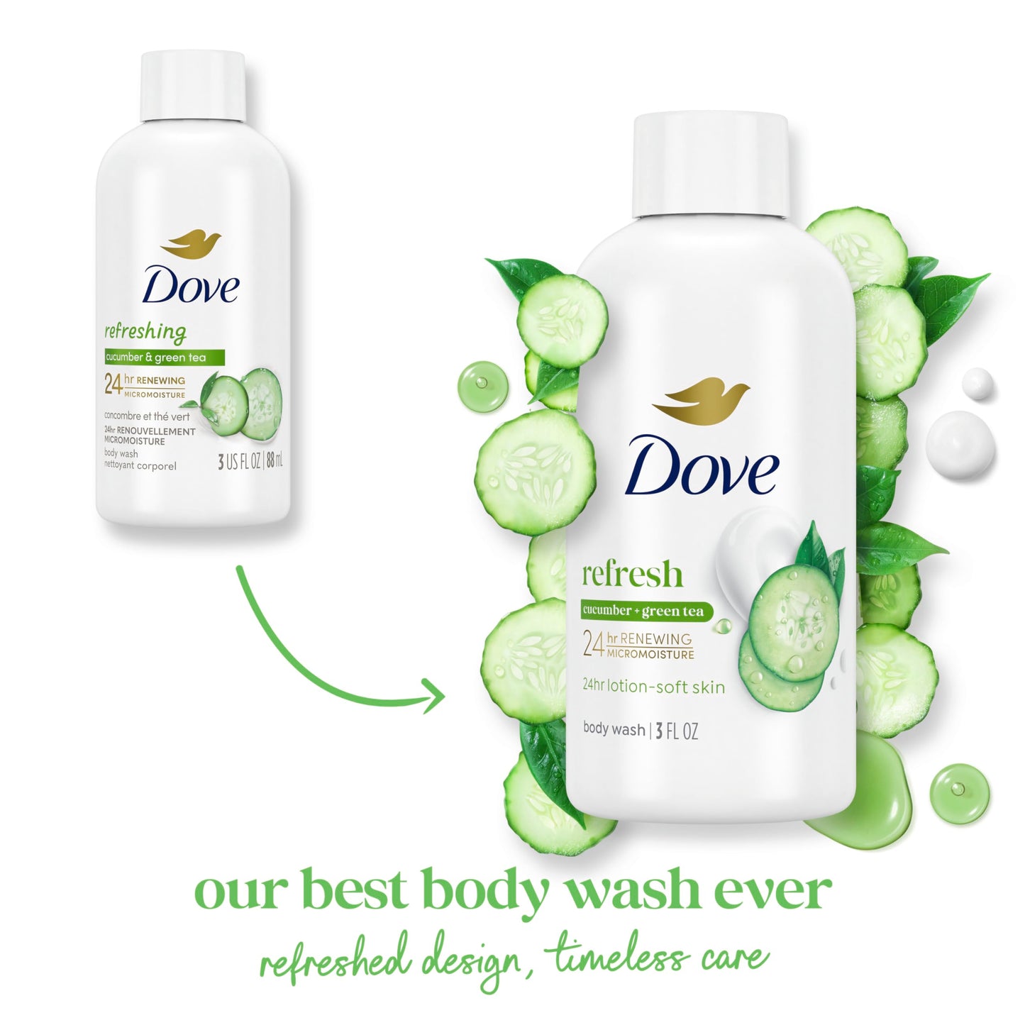 Dove Travel Body Wash, Refresh, Cucumber & Green Tea, Moisturizing for Lotion-Soft Skin, 3 Oz