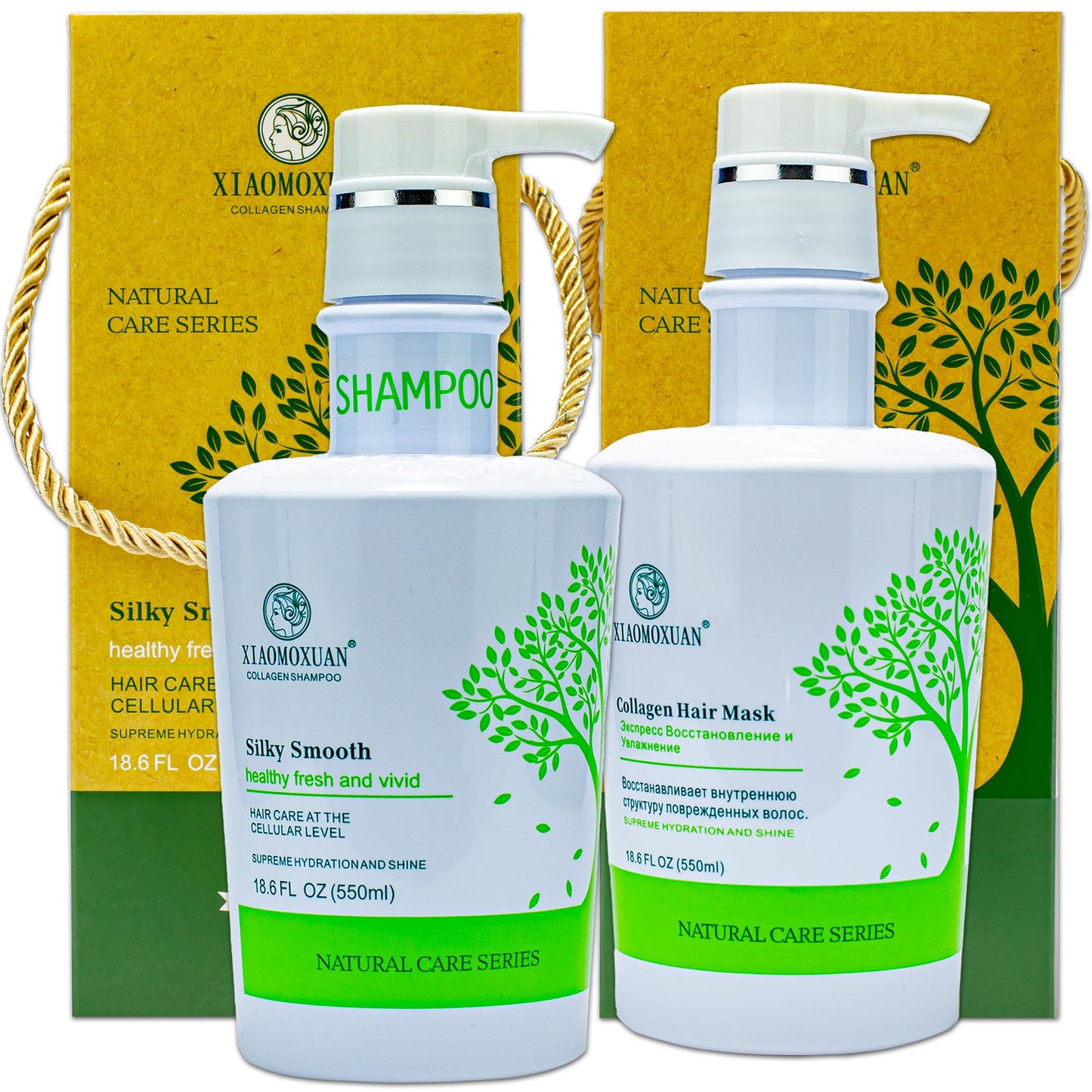 Xiaomoxuan Organic Collagen Tea Tree Deep Conditioning Hair Mask and Natural Cleansing Shampoo Build-Up Remover Set for Moisturizing and Split End