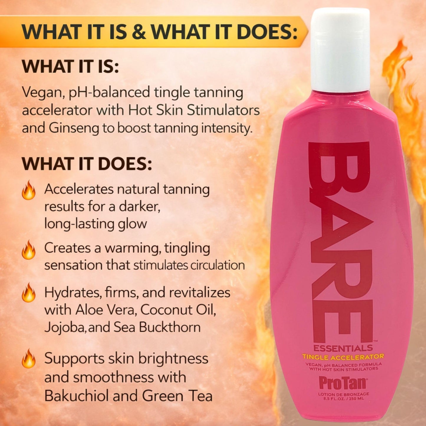 Pro Tan BARE Essentials Tingle Accelerator Tanning Lotion 8.5 fl oz - Vegan DHA, Bakuchiol, Aloe, Coconut Oil, Jojoba & Vitamins B C E - Indoor