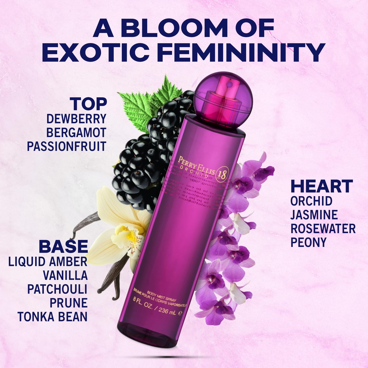 Perry Ellis 18 Orchid Body Spray for Women - Floral & Vanilla Body Mist, Perfumes for Women, Long Lasting Fragrance, EDT, Eau De Parfum with Fresh