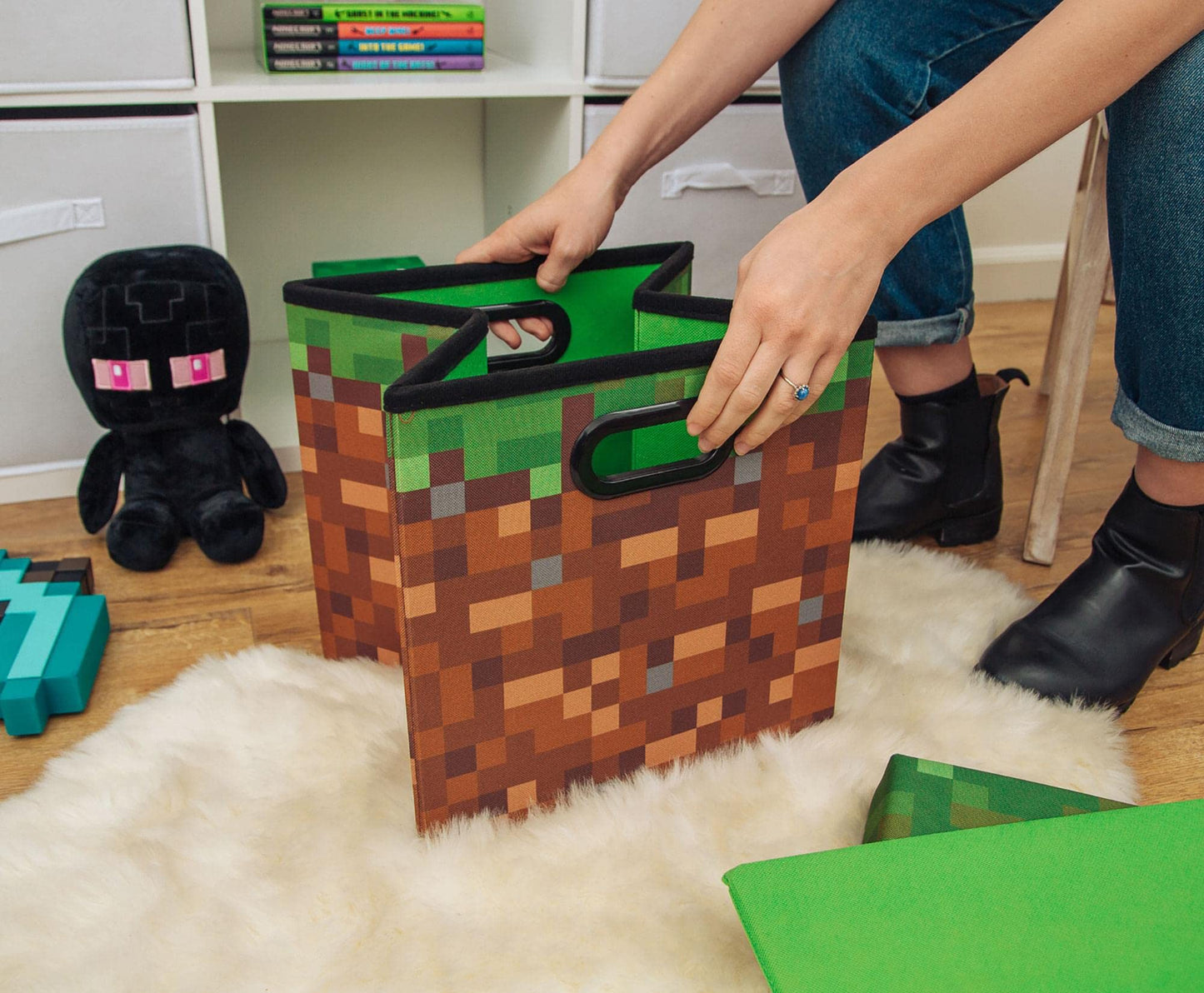 MINECRAFT Grassy Block 13-Inch Storage Bin Chest with Lid | Foldable Fabric Basket Container, Cube Organizer with Handles, Cubby for Shelves, Closet…