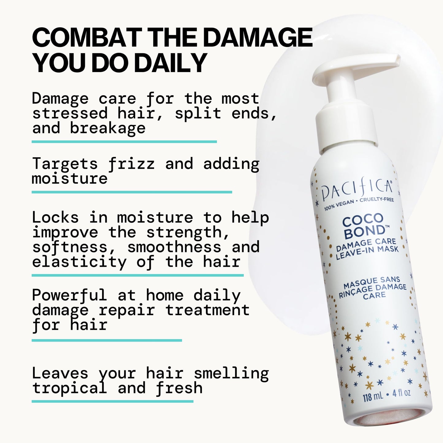 PACIFICA Beauty, Coco Bond Damage Care Leave-In Repair Mask Treatment, Dry & Damaged Hair from Bleach, Color, Chemical Services, Chlorine, & Heat