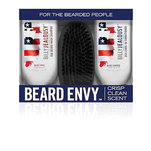 Billy Jealousy USA Beard Envy Facial Hair Refining Kit with Beard Wash Facial Hair Control and Boar Bristle Brush for Clean, Hydrated, Soft, Tamed