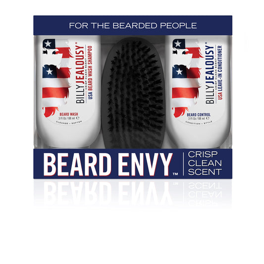 Billy Jealousy USA Beard Envy Facial Hair Refining Kit with Beard Wash Facial Hair Control and Boar Bristle Brush for Clean, Hydrated, Soft, Tamed
