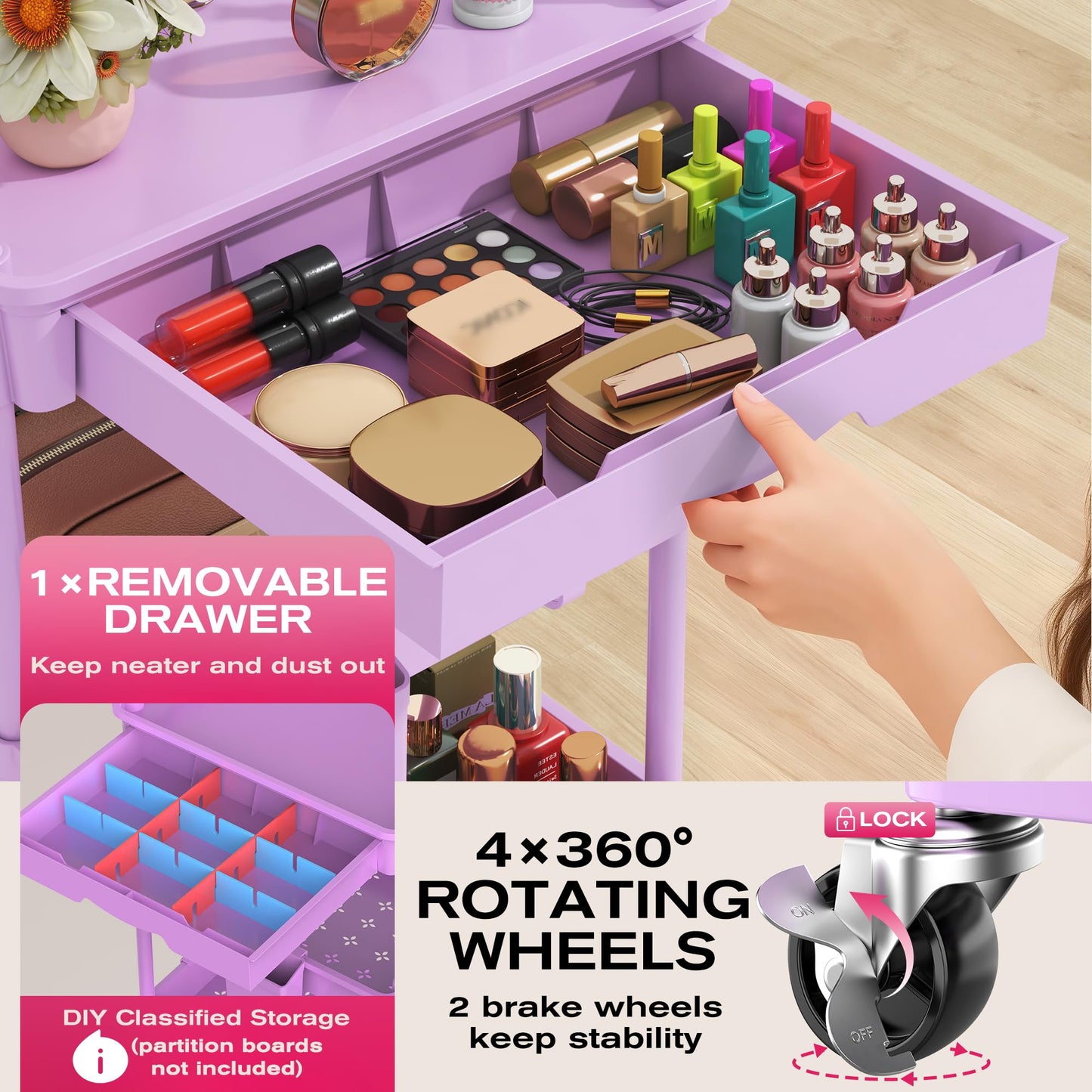 Goovilla Rolling Makeup Organizer Cart with Removable Drawer, 3 Tier Stable Purple Floor Skincare Storage Cart for Vanity, Cosmetic Display, Nail Beauty and Personal Care Goovilla