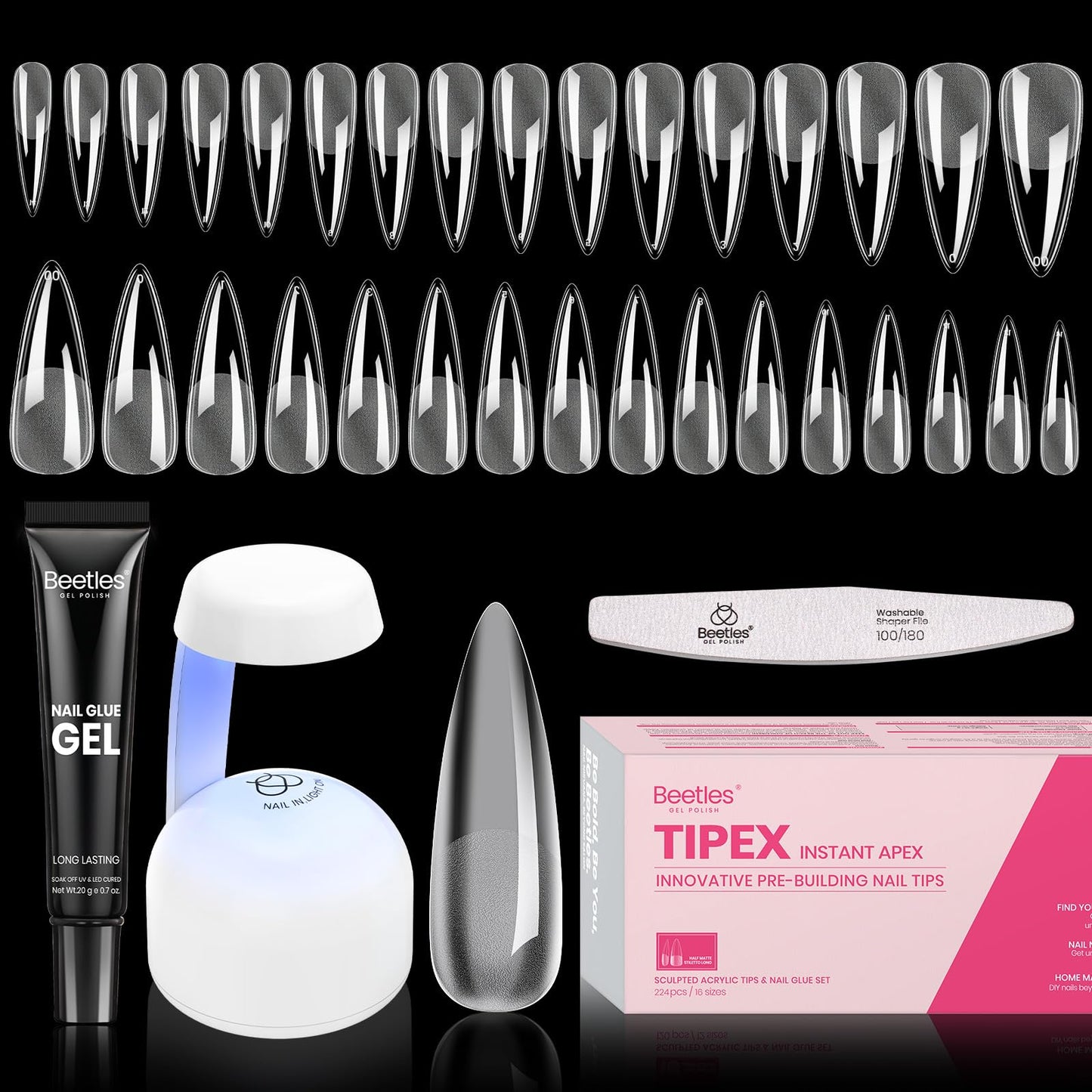 Beetles Tipex Instant Apex Nail Tips Kit, Stiletto Long, 224pcs 16 Sizes, with Tipex UV Nail Glue Mini Nail Lamp,Pre-Building Pre-Etched Strong Beauty and Personal Care beetles Gel Polish Default Title