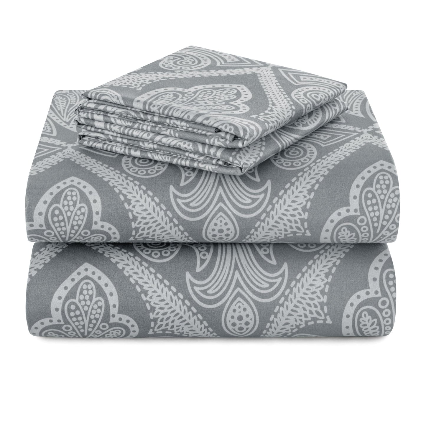 Hannah Linen Paisley King Sheet Set, 4 PC Soft Microfiber Wrinkle Free Sheets - Luxurious Printed Bed Sheets Includes Flat Sheet, Fitted Sheet with