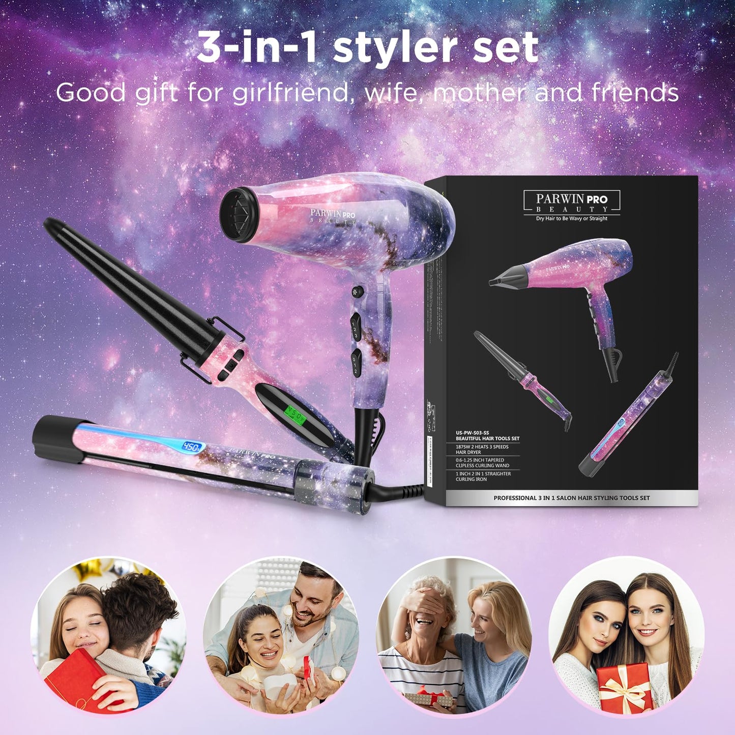 3 in 1 1875W Hair Dryer Straightening Curling Iron, PARWIN PRO BEAUTY Hair Styling Set, Ion Hair Dryer, Flat Iron Hair Straightener, Cone Curling