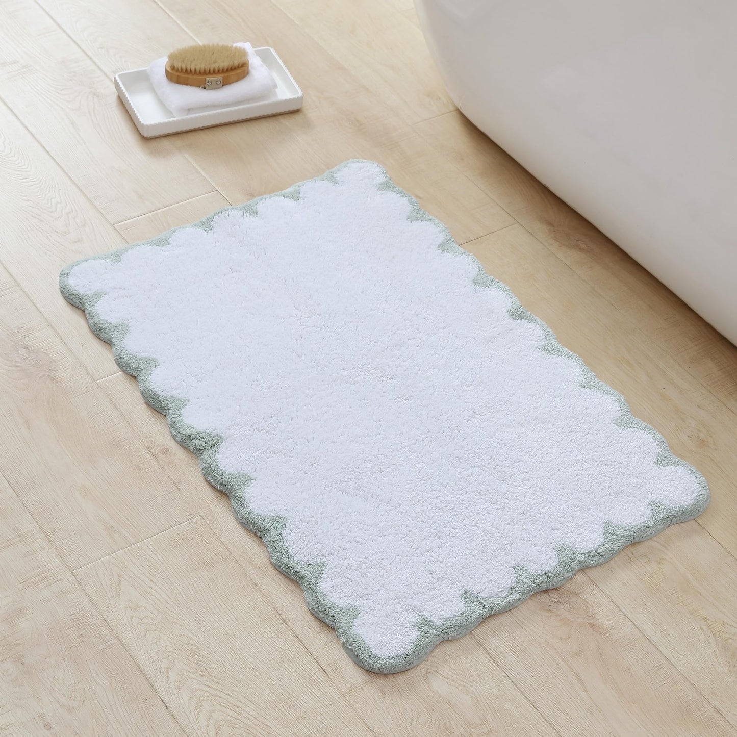 Peri Home Scalloped Bath Rug - Soft & Absorbent 100% Cotton Tufted Bath Mat, 20" x 30", White with Sage Scallop