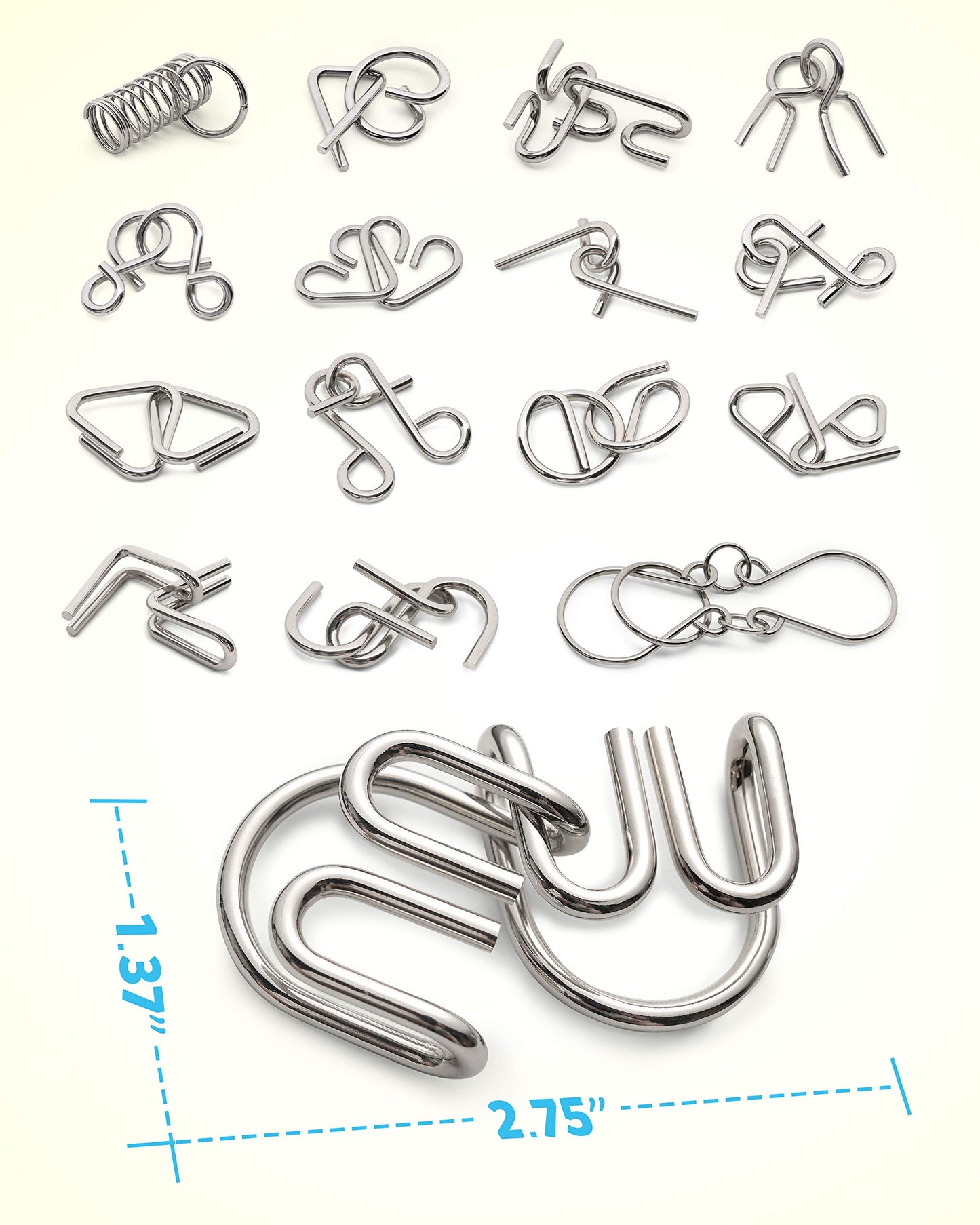 Coogam Metal Wire Puzzle Set – 16 Brain Teasers with Pouch, IQ Test Disentanglement, Interlock & Unlock Game, Magic Trick Toy for Kids & Adults