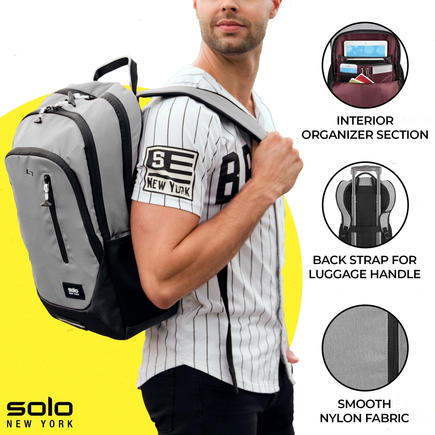 Solo New York Laptop Backpack for Women & Men -Carry On Bookbag for Travel & Work, Lightweight Bag, Side Mesh Pockets, Padded Straps, Fits 15.6" Computer - Region, Grey