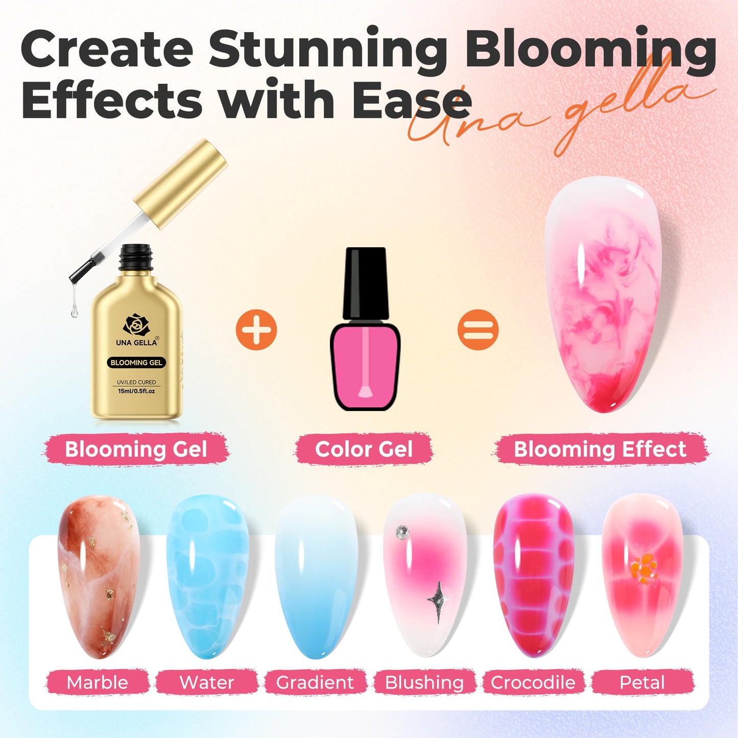 UNA GELLA Blooming Gel Nail Polish 15ml Super Clear for Spreading Effect U V/LED Needed Nail Blooming Gel for Marble Natural Stone Floral Print Beauty and Personal Care UNA GELLA