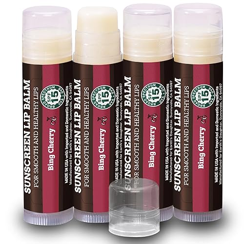 Earth's Daughter SPF Lip Balm Cherry Flavor 4-Pack Stocking Stuffers - Lip Sunscreen, SPF 15, Organic Ingredients, Beeswax, Coconut Oil, Vitamin E