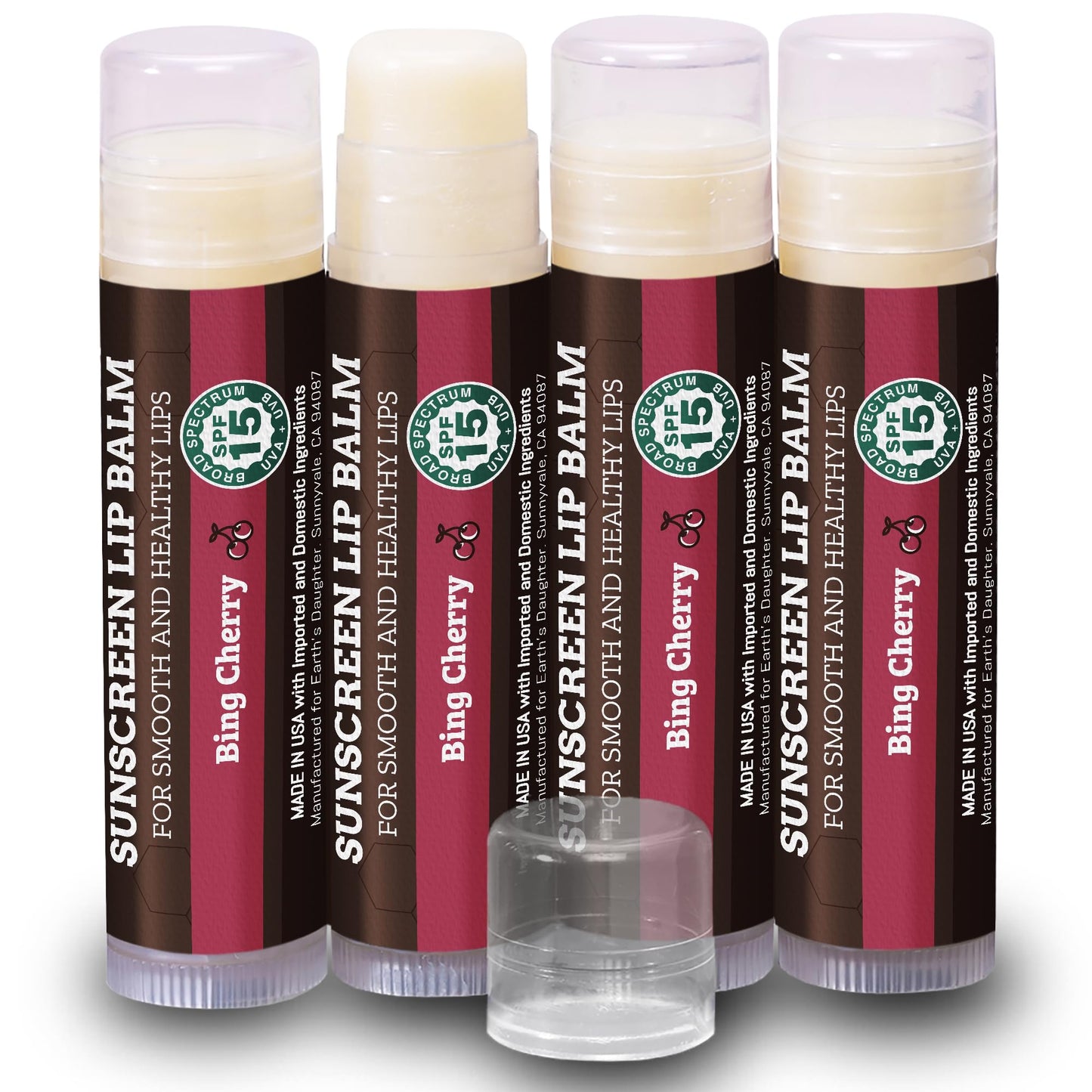 Earth's Daughter SPF Lip Balm Cherry Flavor 4-Pack Stocking Stuffers - Lip Sunscreen, SPF 15, Organic Ingredients, Beeswax, Coconut Oil, Vitamin E