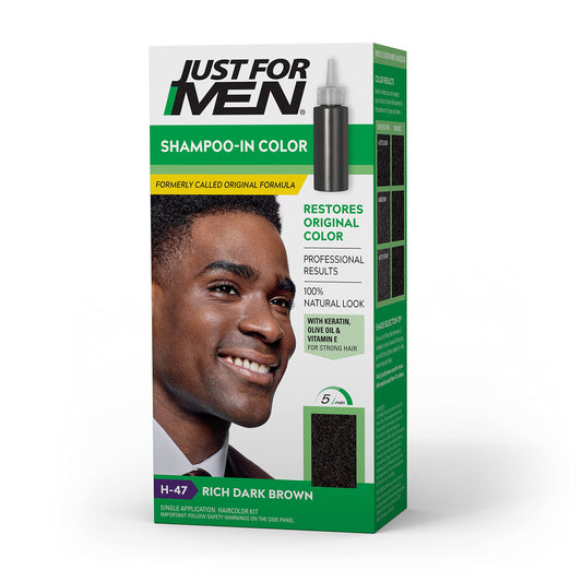 Just For Men Shampoo-In Color (Formerly Original Formula), Mens Hair Color with Keratin and Vitamin E for Stronger Hair - Rich Dark Brown, H-47, Pack