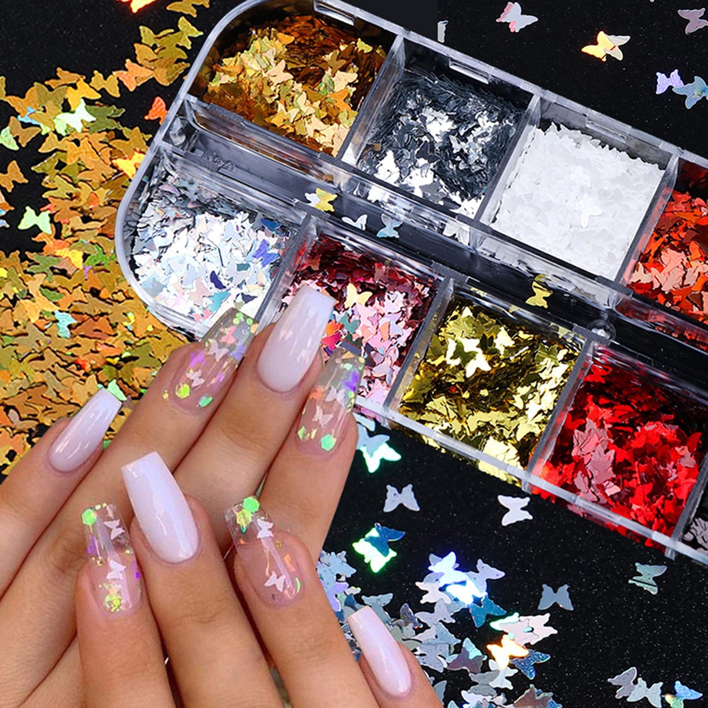 12 Colors Butterfly Nail Art Stickers Butterflies Nail Glitter Sequins 3D Art Accessories Butterfly Shape Flakes Powder Holographic Gold Red Pink