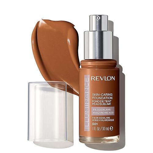 Revlon Illuminance Skin-Caring Liquid Foundation, Hyaluronic Acid, Hydrating and Nourishing Formula with Medium Coverage, 501 Toasted Caramel, 1 fl oz