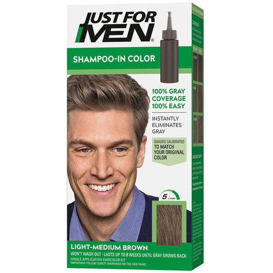 Just For Men Shampoo-In Color (Formerly Original Formula), Mens Hair Color with Keratin and Vitamin E for Stronger Hair - Light-Medium Brown, H-30