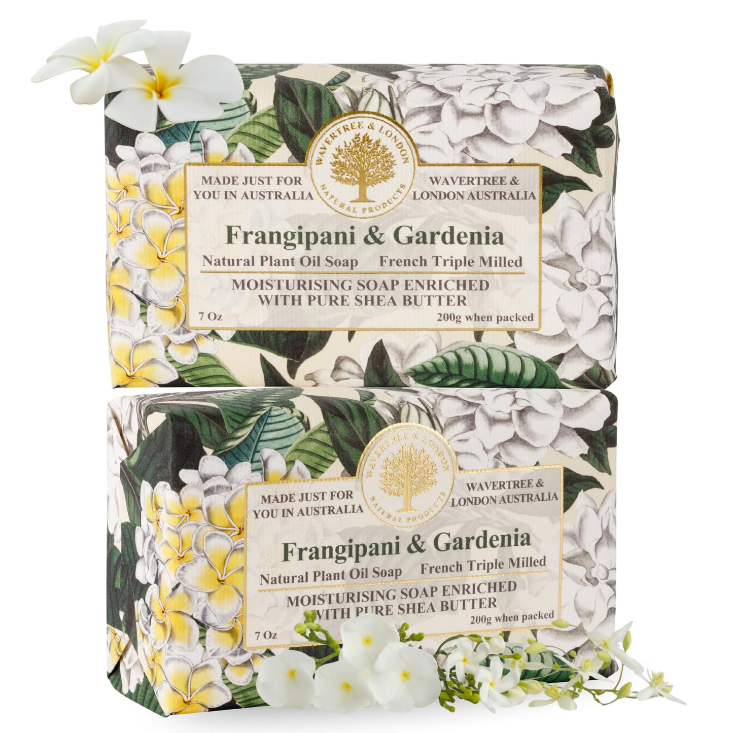 Wavertree & London Frangipani Gardenia Scented Natural Soap (2 Bars), 7oz Moisturizing French Triple Milled Soap Bars enriched with shea butter - Pure