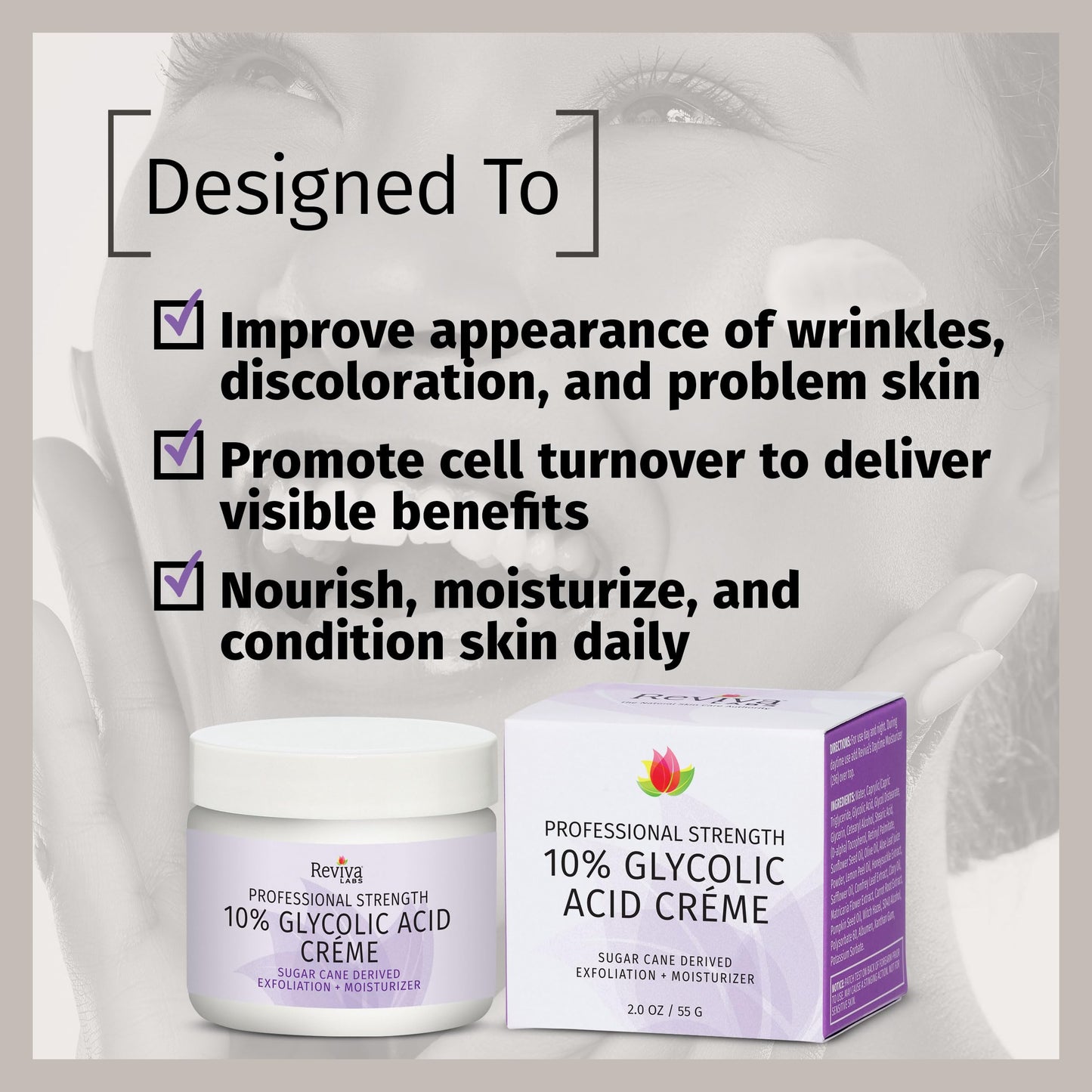 Reviva Labs 10% Glycolic Acid Creme Daily Moisturizer and Mild Exfoliant - Natural Sugar Cane Derived Alpha Hydroxy Acid Face Cream, Acido Glicolico