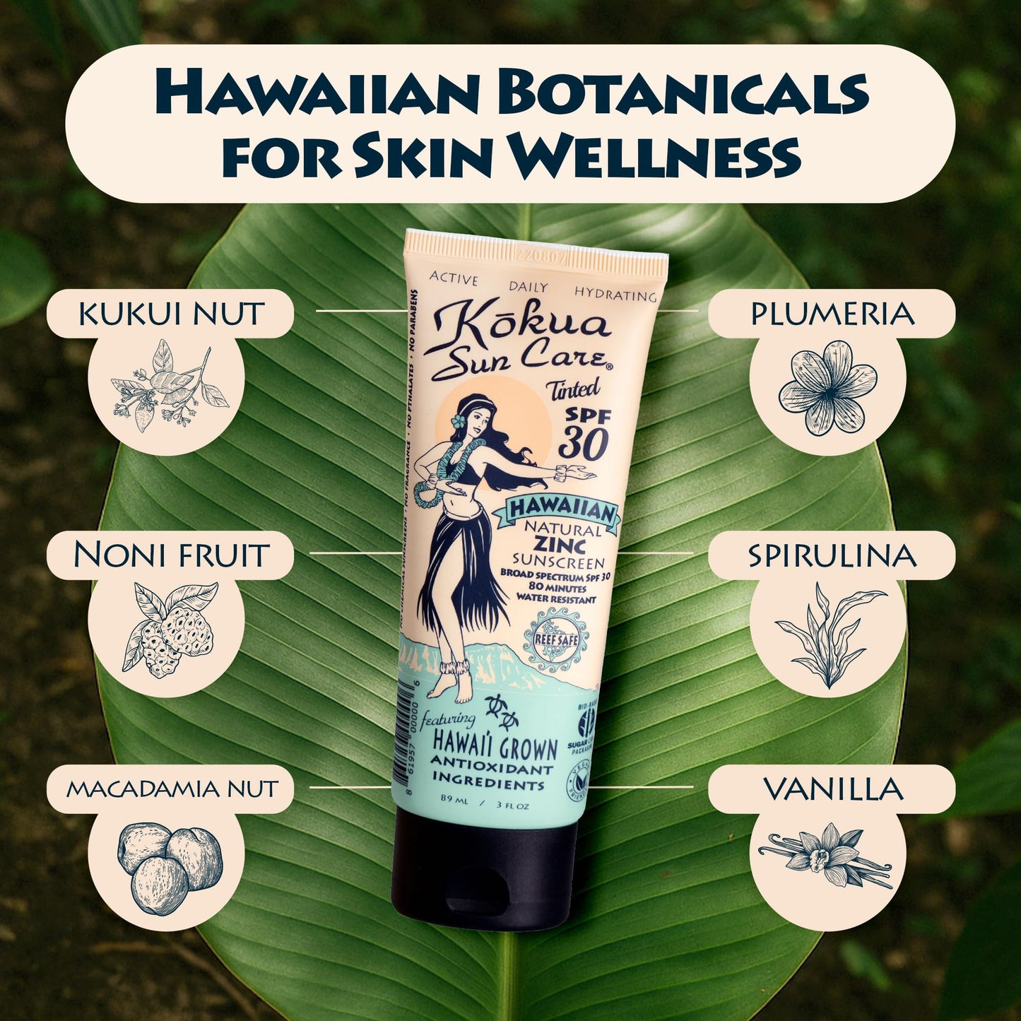 Kokua Sun Care Hawaiian Reef Safe SPF 30 | Zinc Oxide | Tinted Mineral for Face & Body | Sun Protection | Water Resistant | Chemical Free | Natural