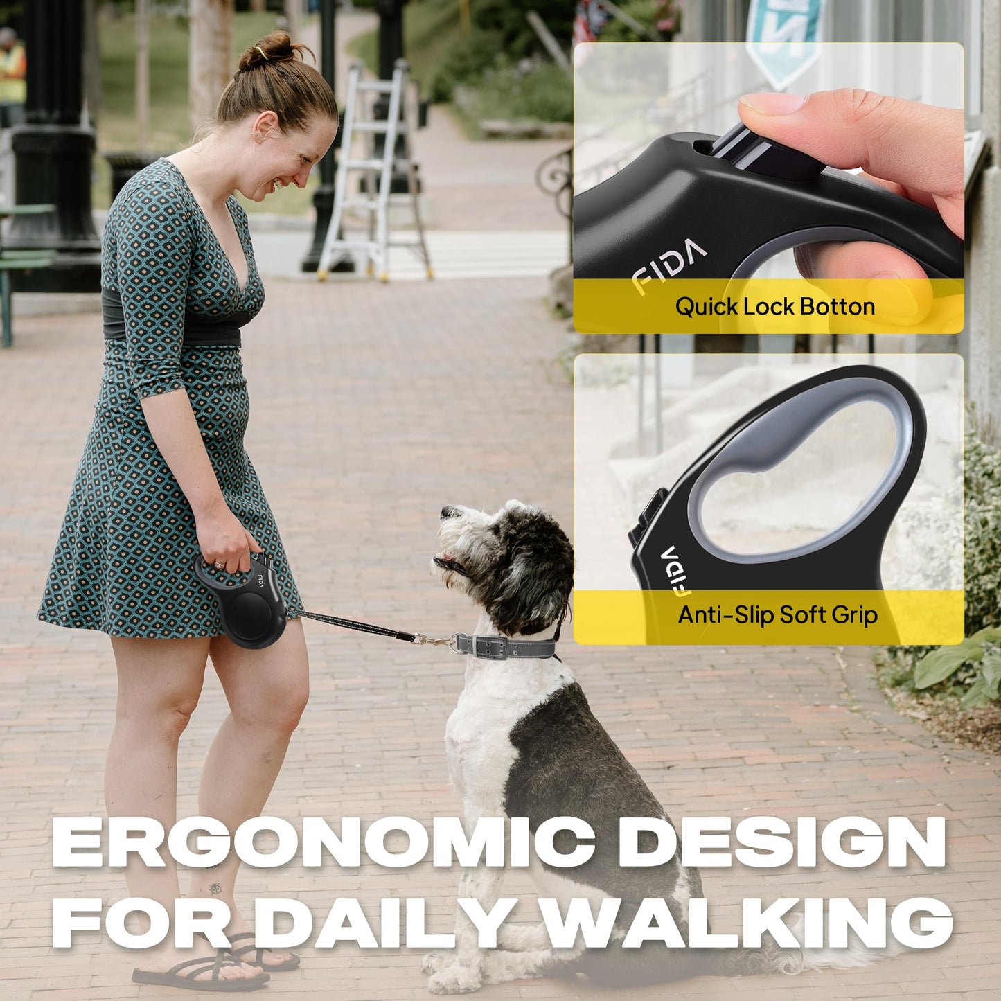 Fida Retractable Dog Leash 16 ft for Small Dogs up to 26 lbs, 360° Tangle-Free, Durable Black Dog Walking Leash