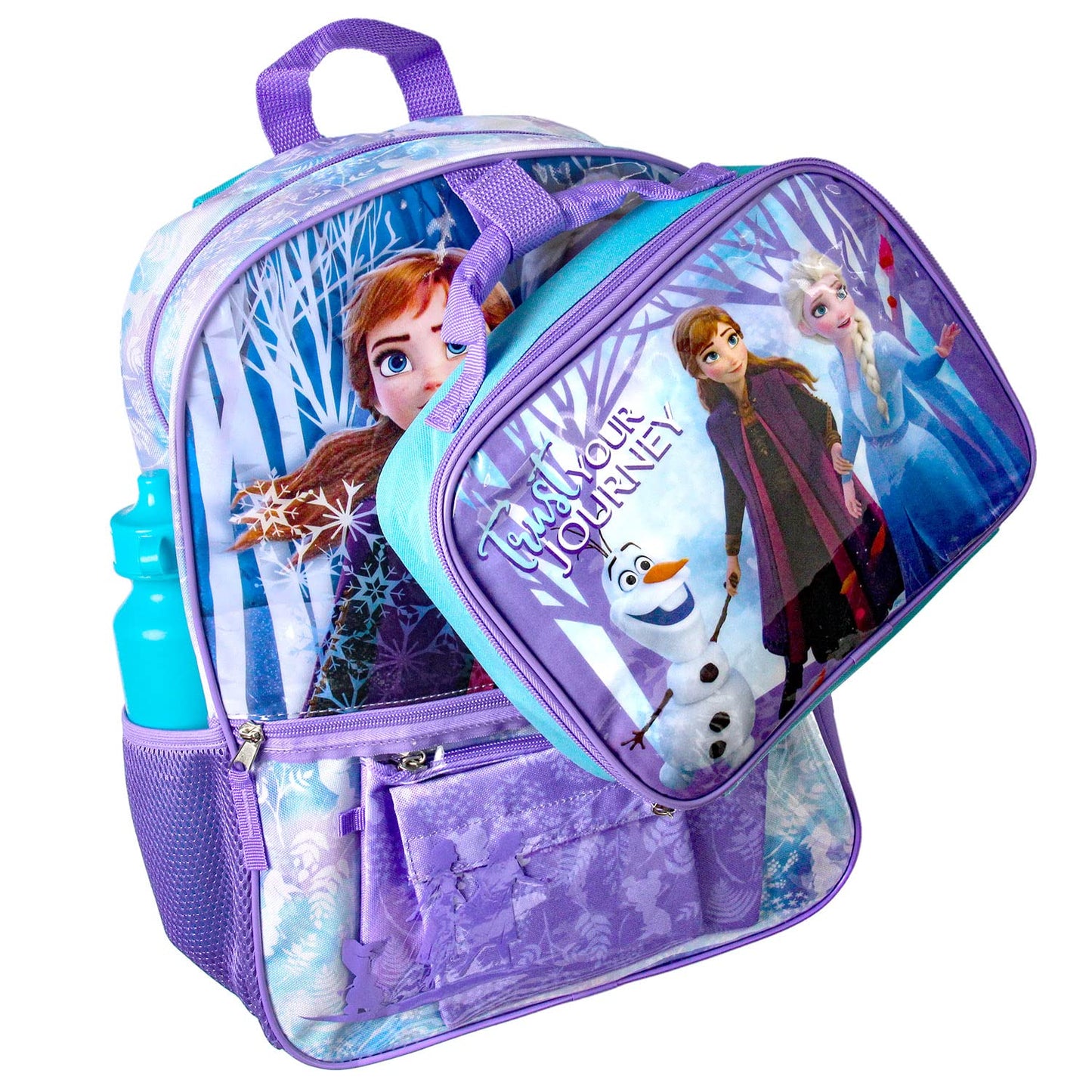 Bioworld Disney Frozen Anna Elsa Olaf Trust Your Journey 5 PC Backpack Set Tote Bag